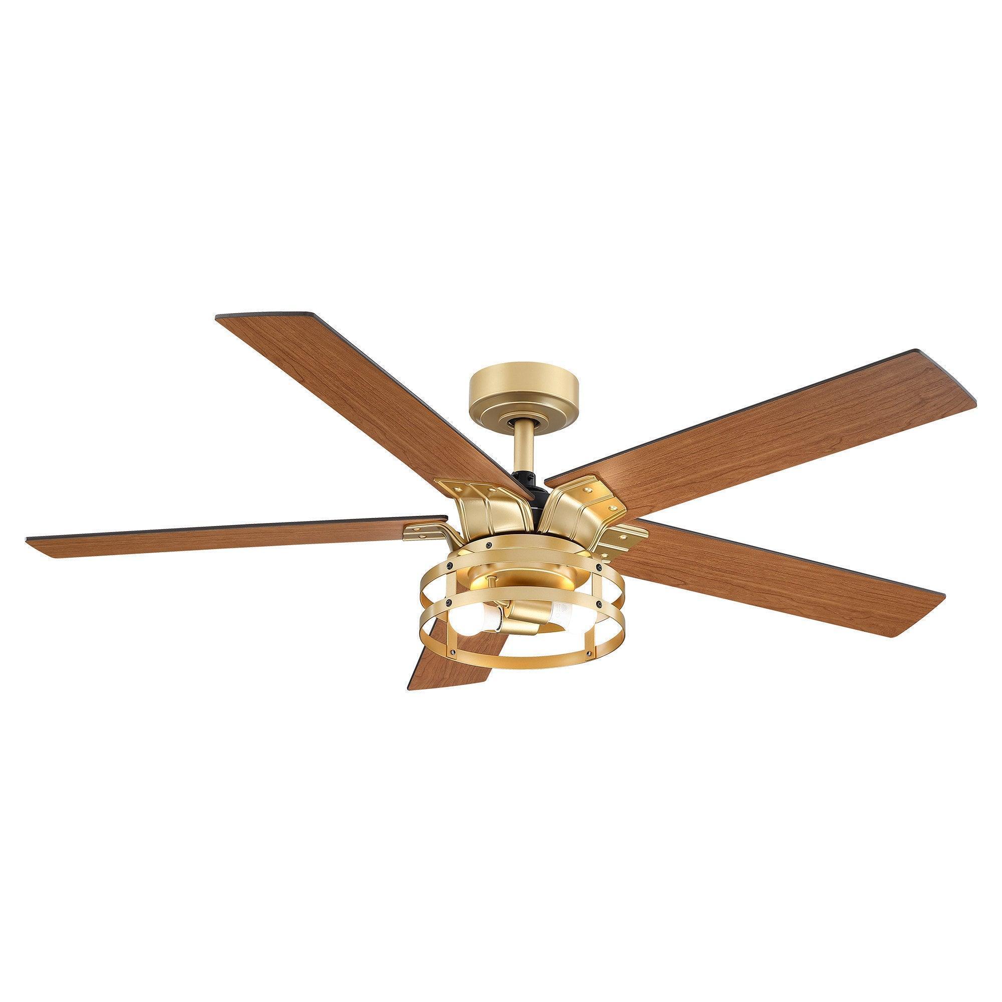 Industrial ceiling fan with light kit and four wood blades, downrod mount, gold and wood finish.