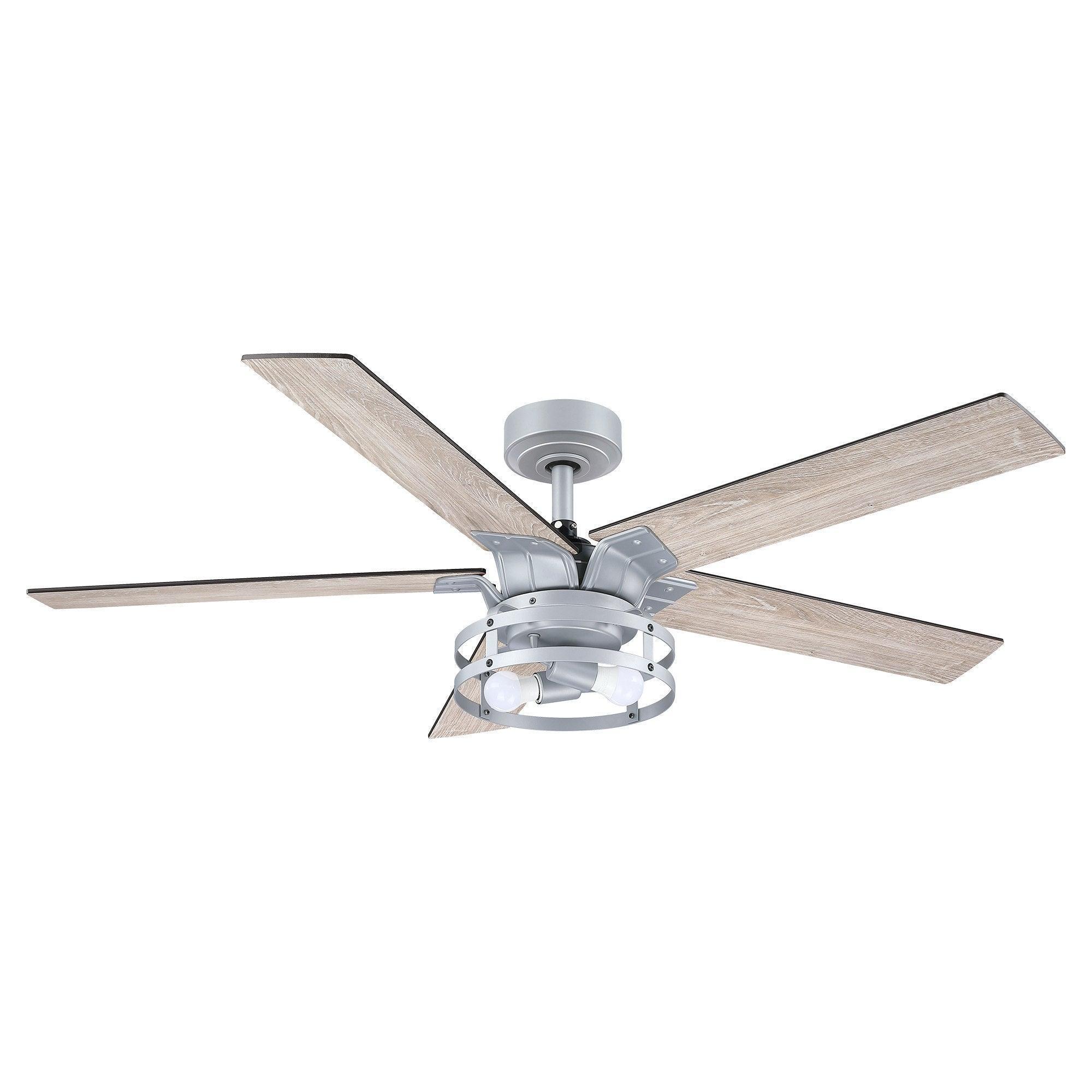 Reversible ceiling fan with integrated light, light wood blades and silver housing