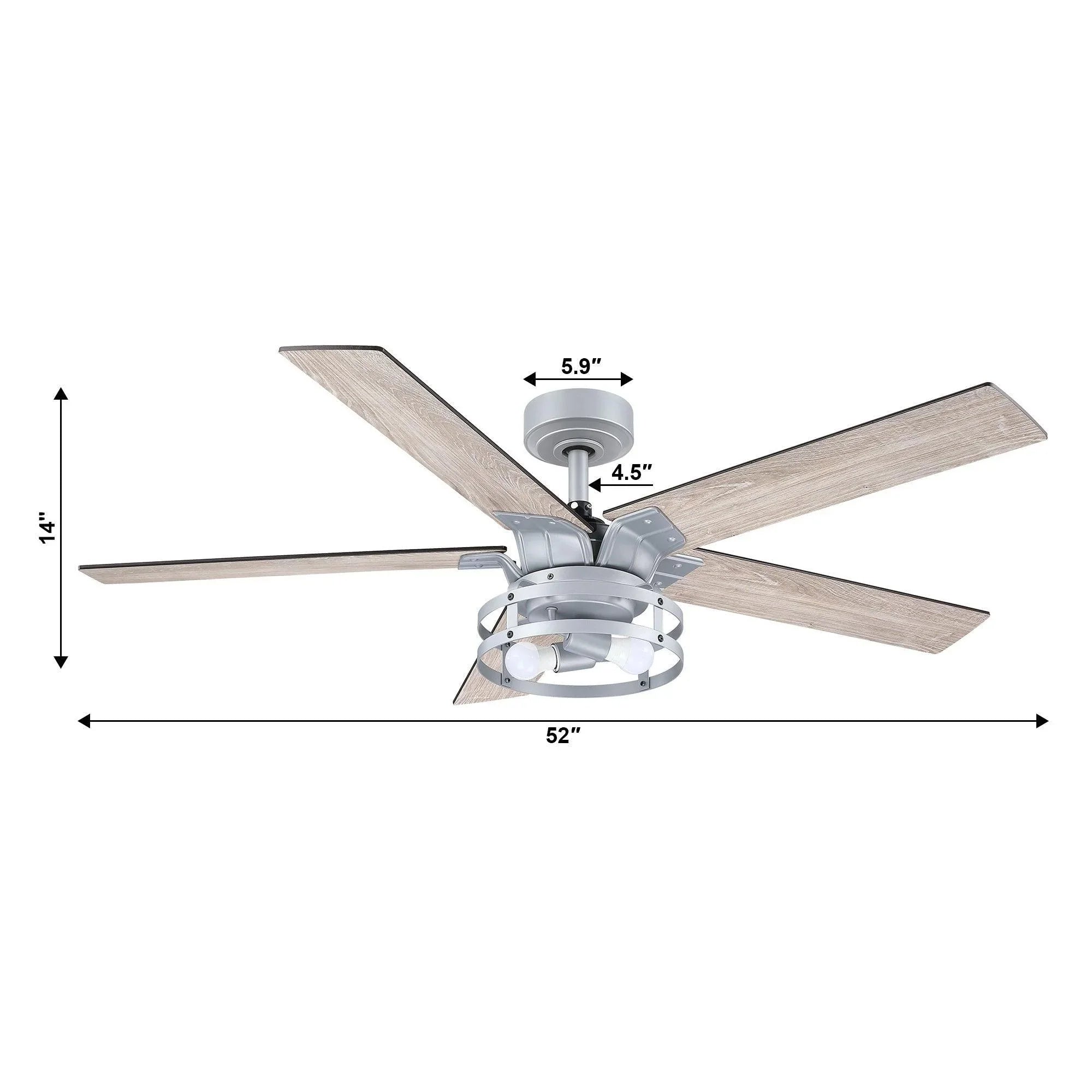 Light-gray reversible ceiling fan with integrated light, silver housing and five blades