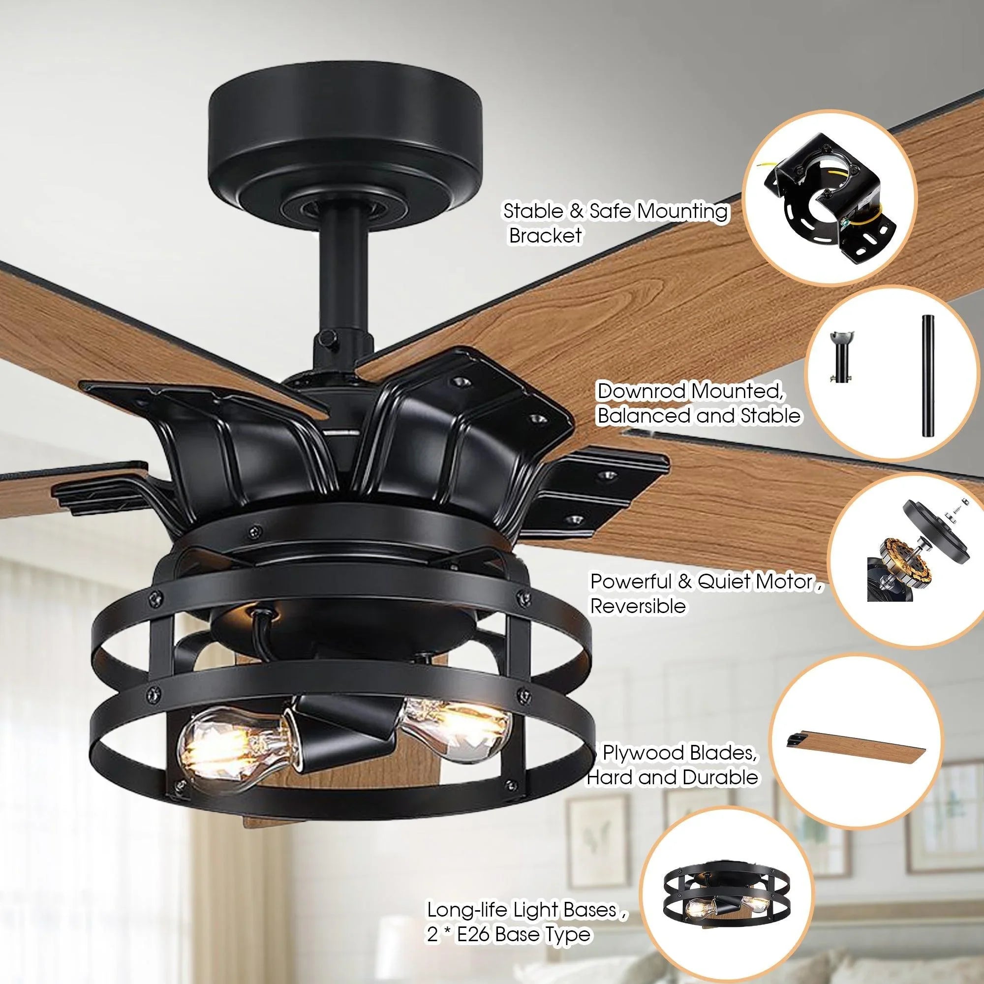 Black ceiling fan with wood blades and caged light, with mounting inset