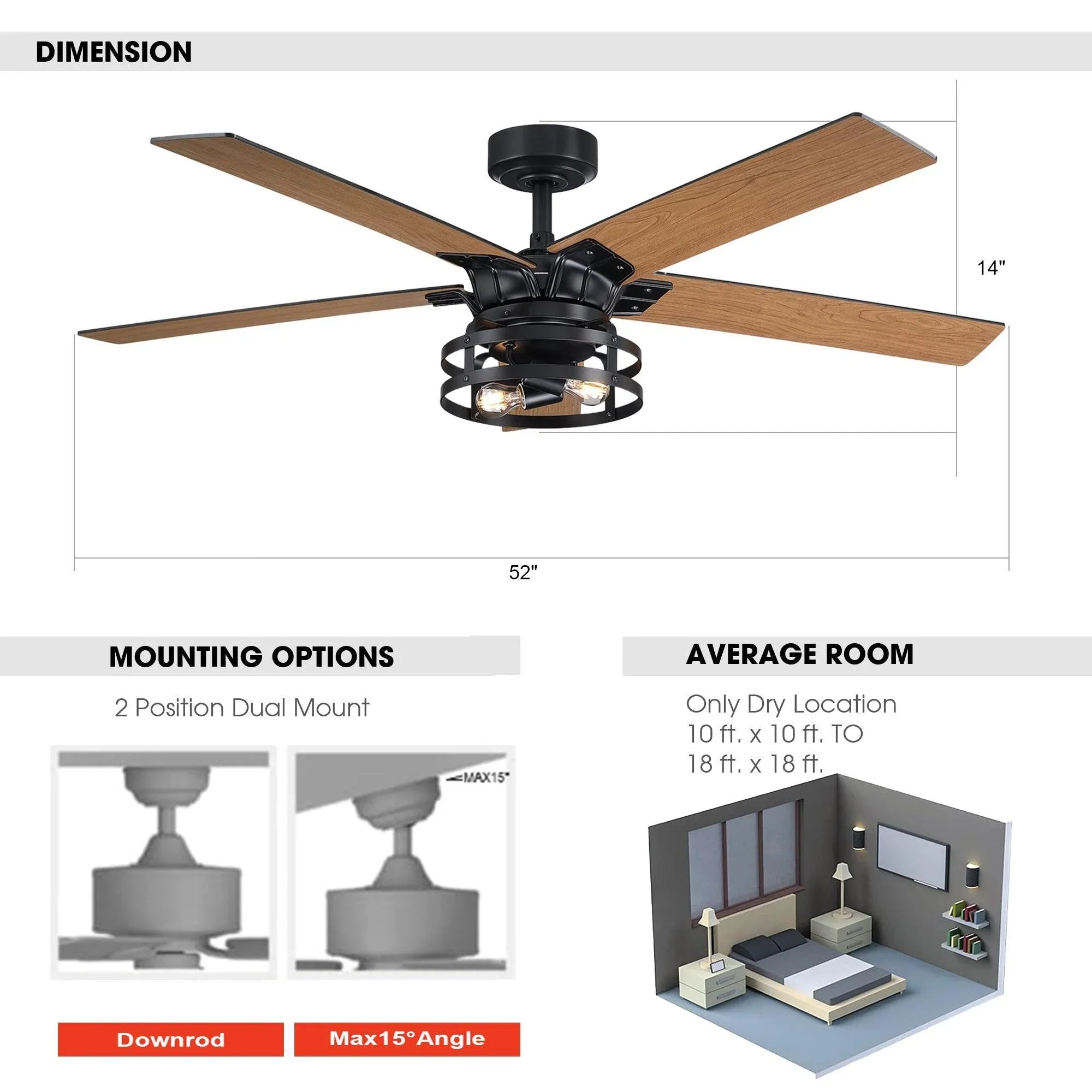 Ceiling fan dimension diagram showing 52 in span and mounting options