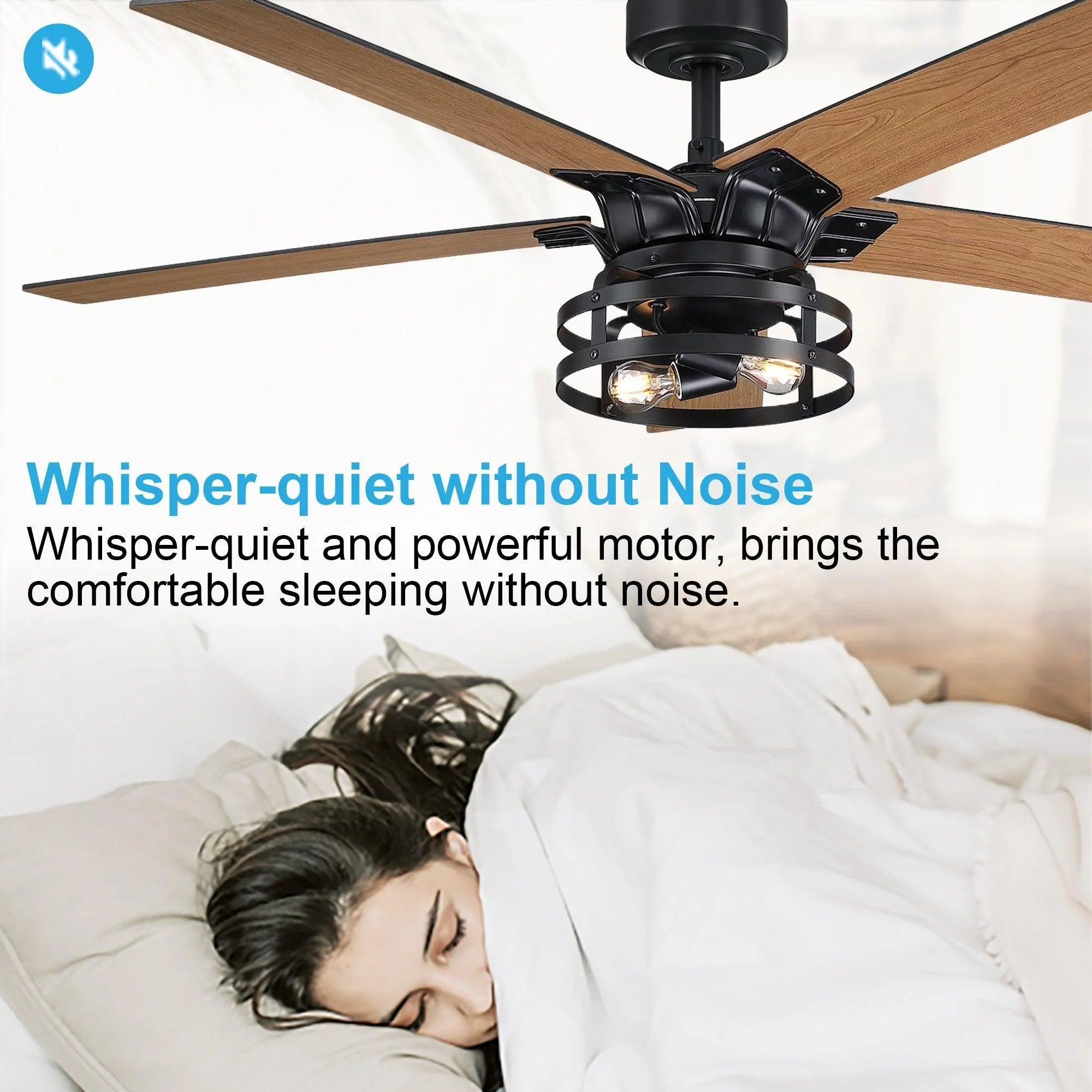 Industrial ceiling fan with light kit and four dark blades, downrod mount, black finish.