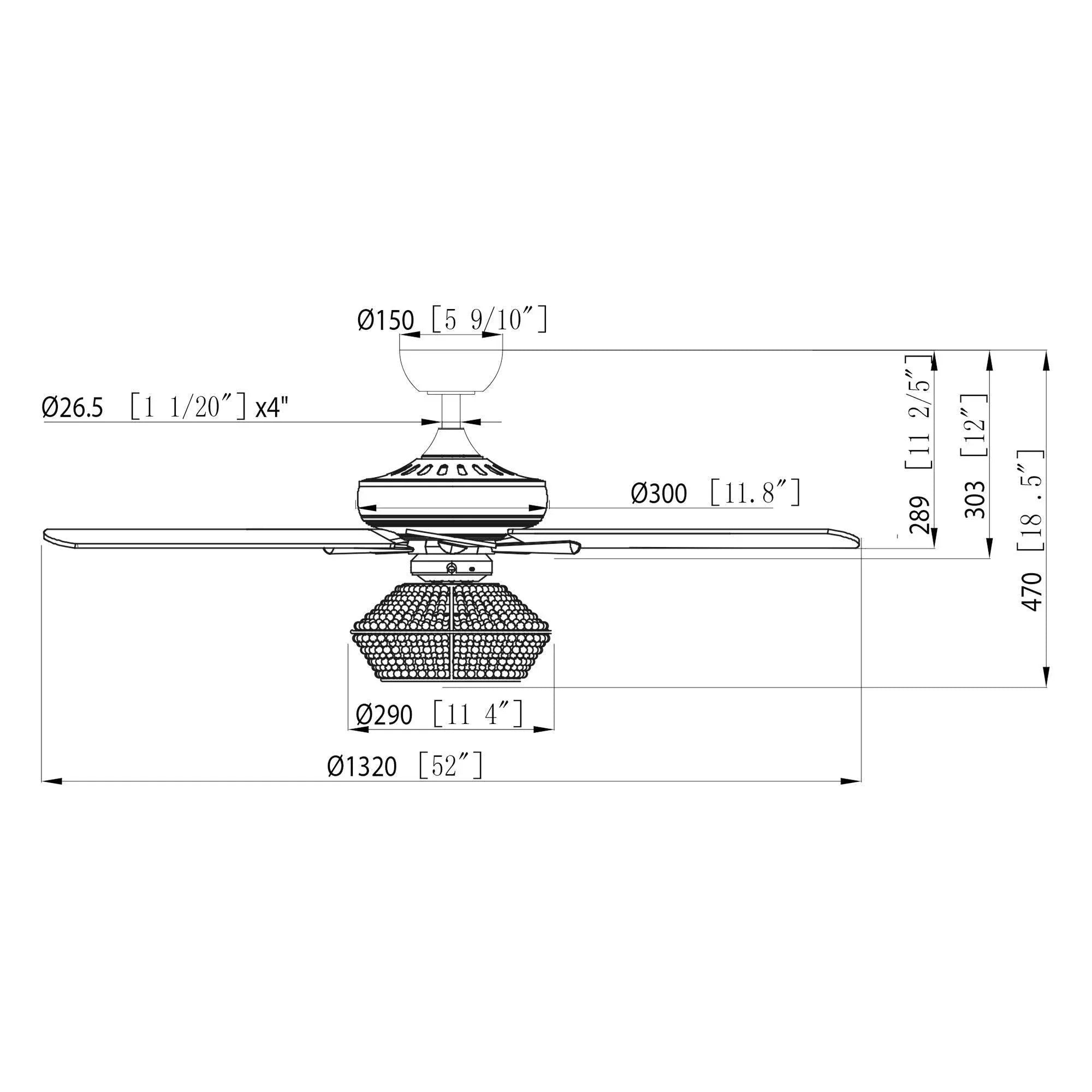 Ceiling fan dimension diagram with 52-inch blade span and downrod measurements