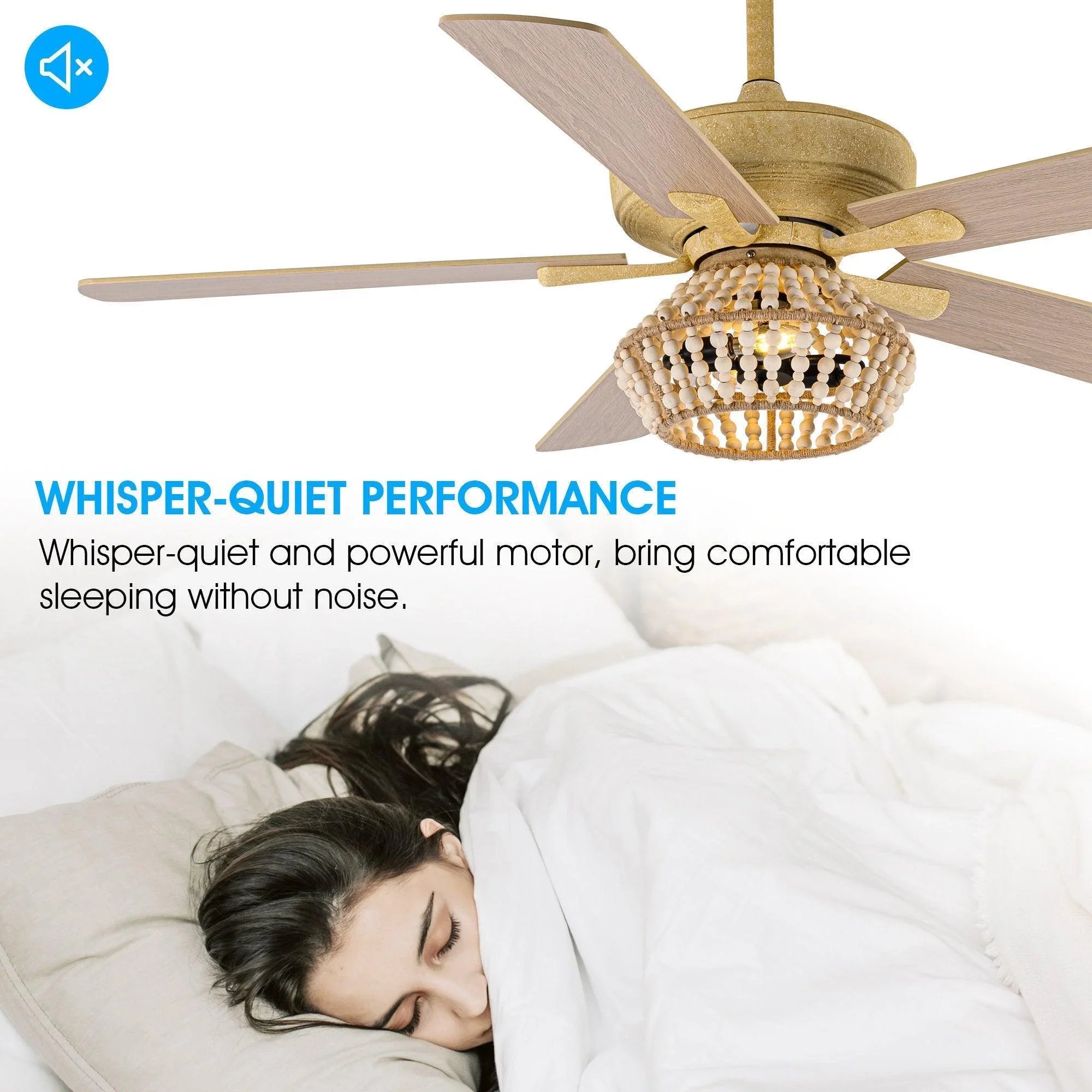 Golden ceiling fan with integrated beaded light dome and 5 angled blades
