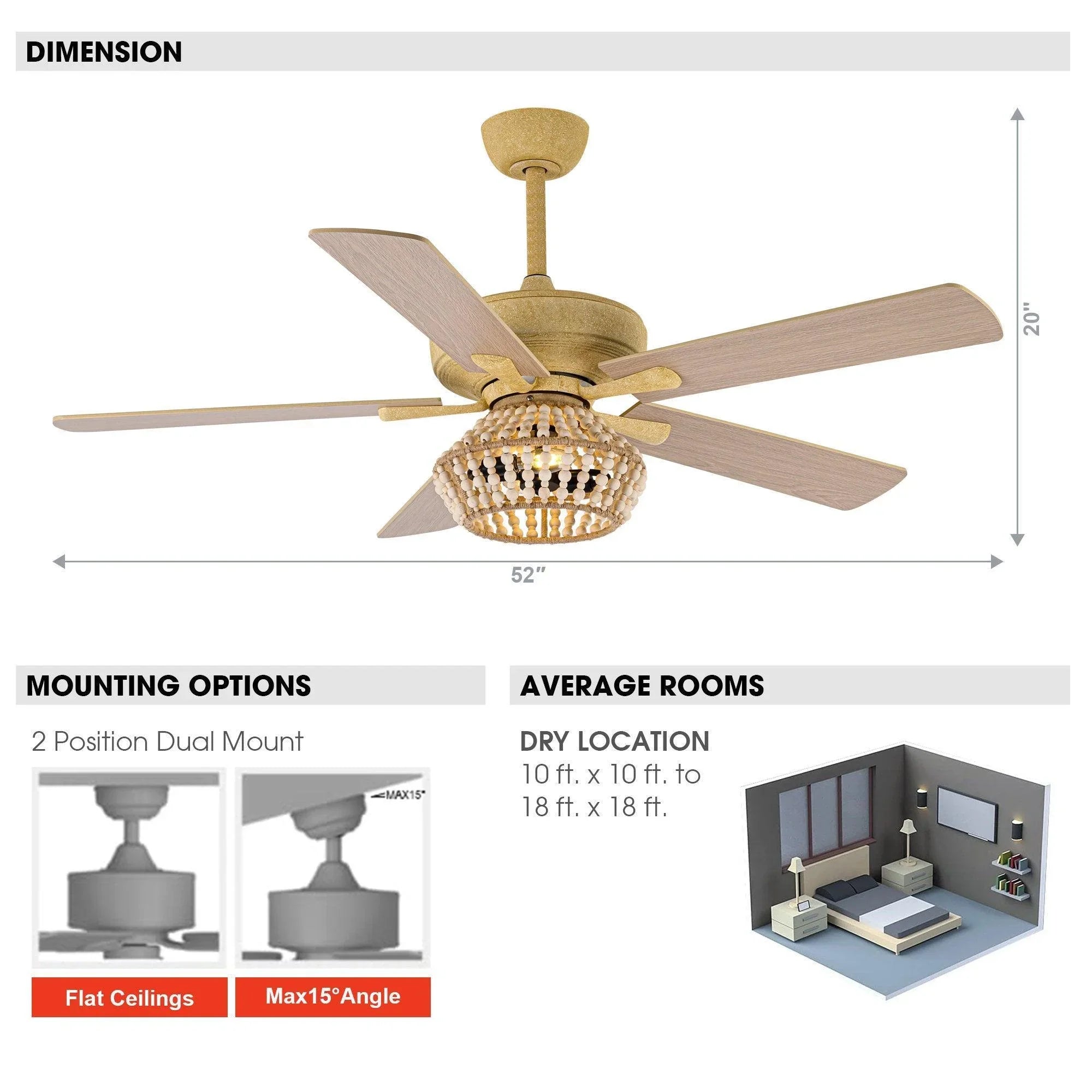 Golden ceiling fan with light and 52 in blade span shown with mounting dimensions