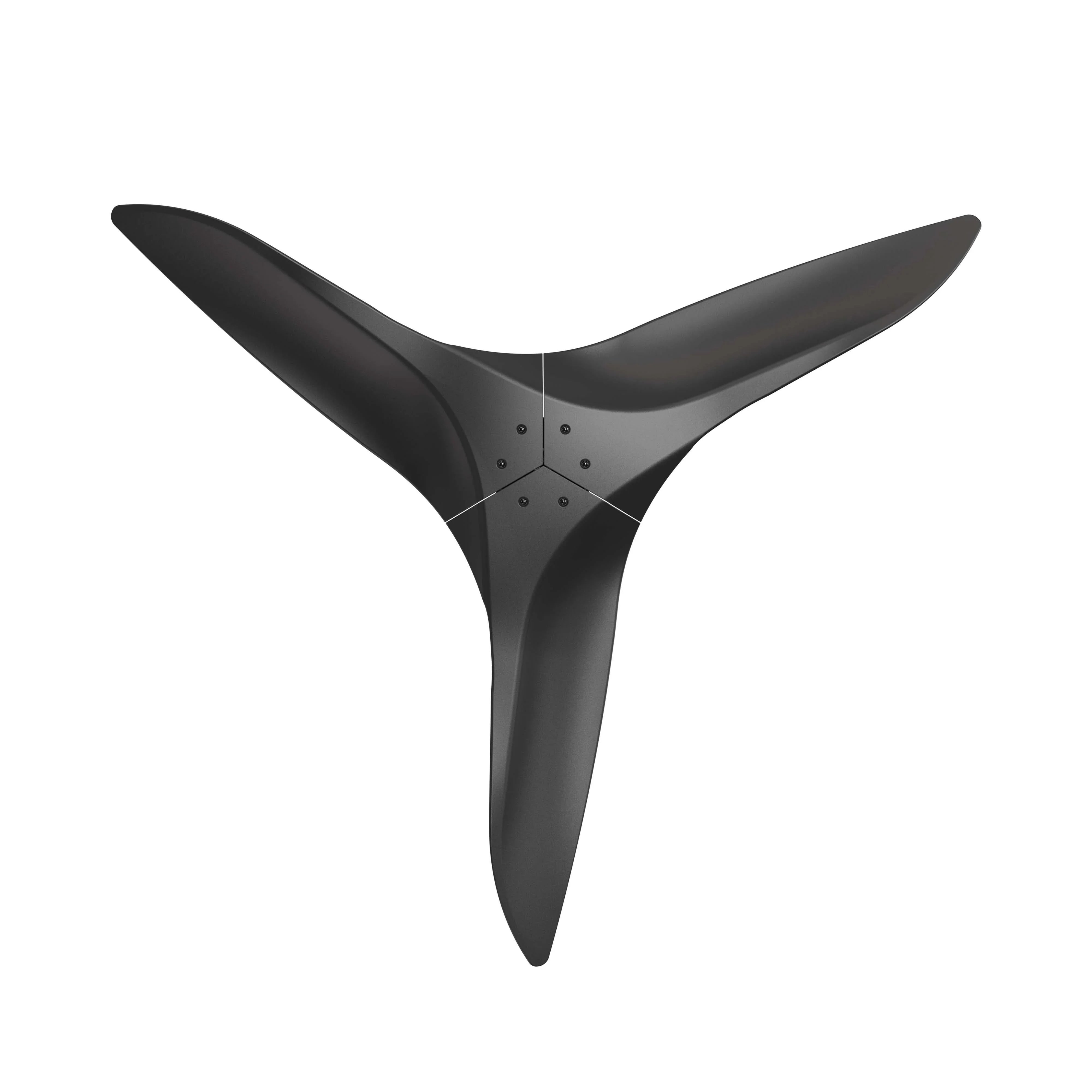 Black ceiling fan blade set with star-shaped hub and three blade tips visible