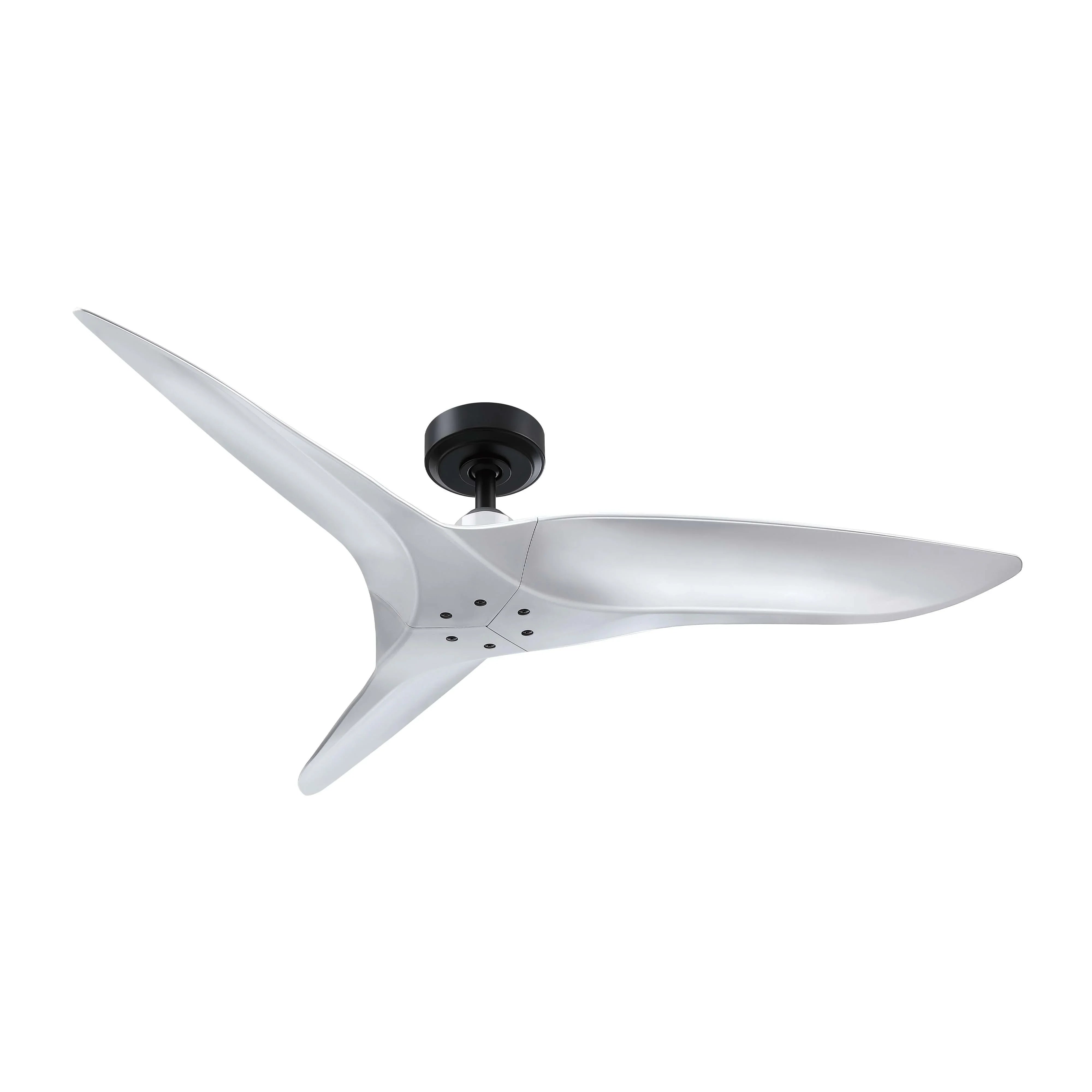 Silver ceiling fan with black motor mount, three blades and visible blade bracket holes