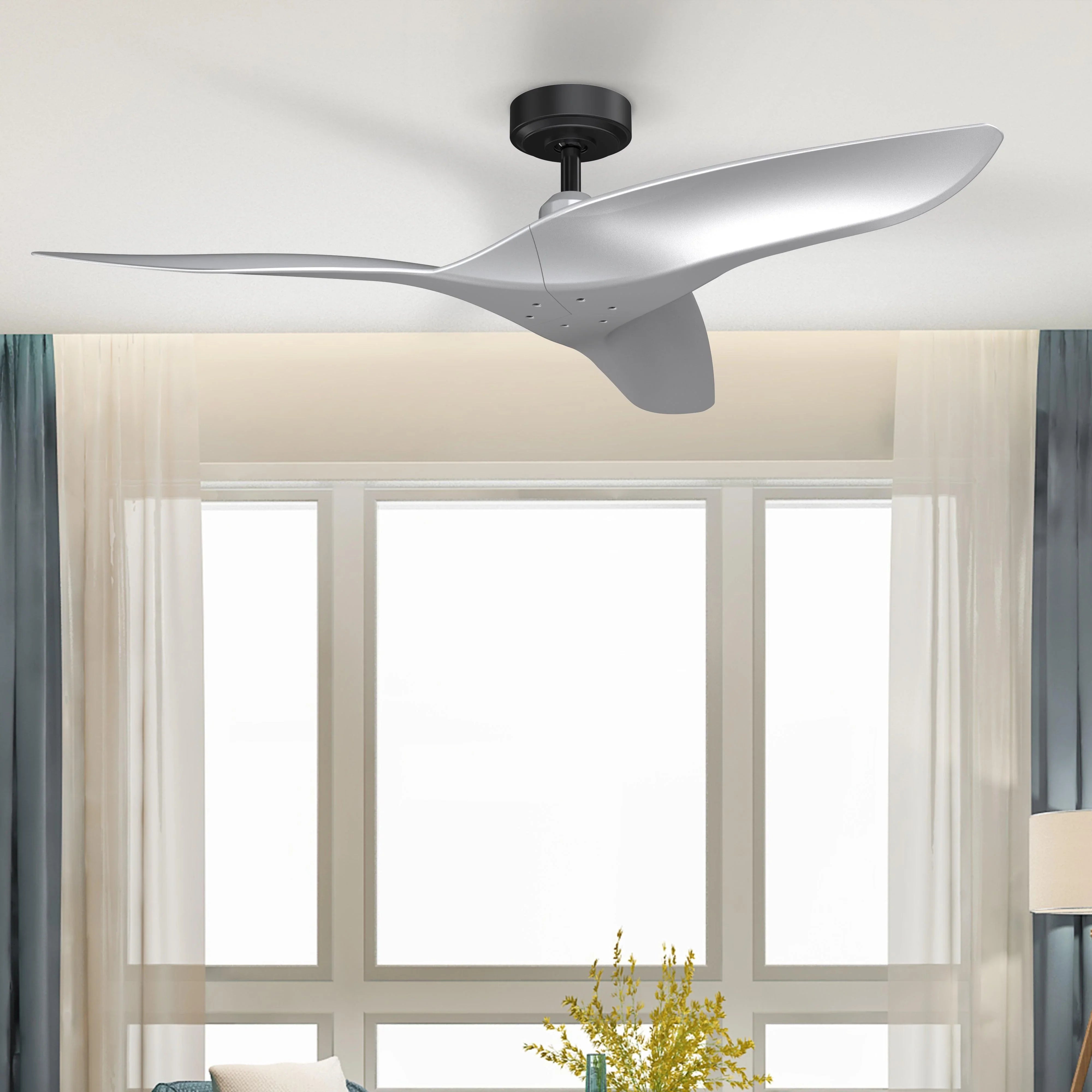 52-inch industrial DC motor ceiling fan with silver blades and black motor housing