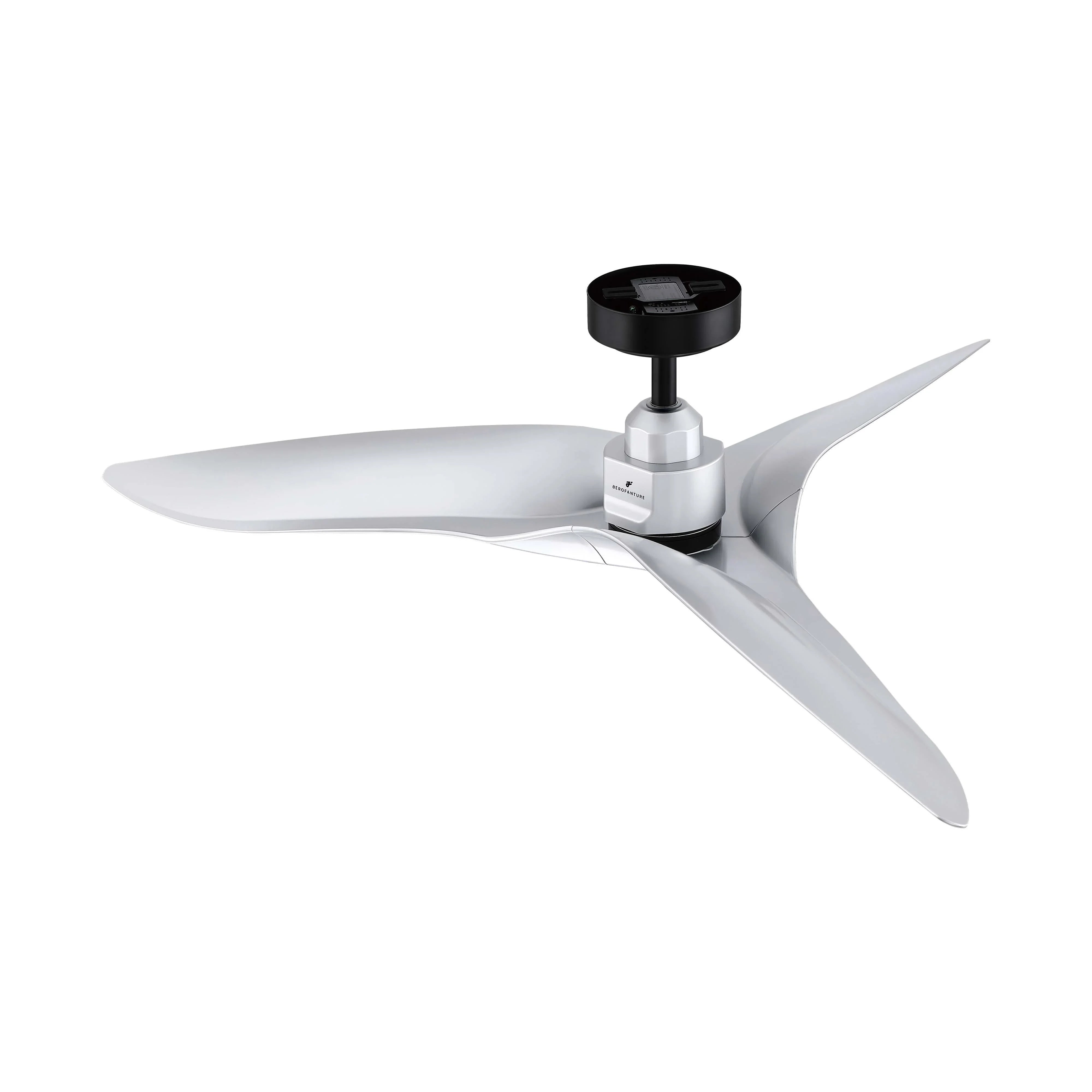 Silver ceiling fan with black mounting cap and three angled blades, DC motor
