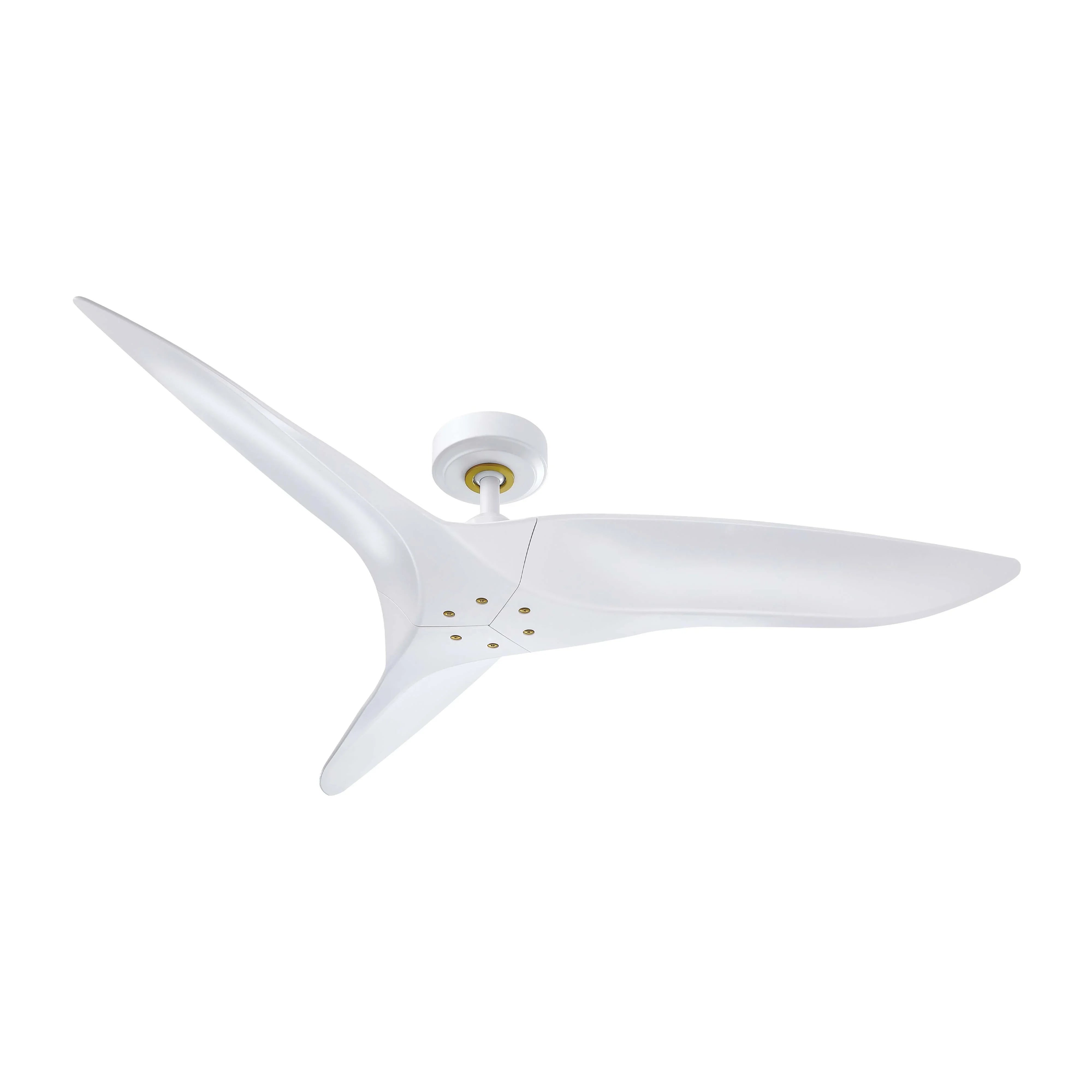 White ceiling fan with five blades and white motor cap, three blade tips shown