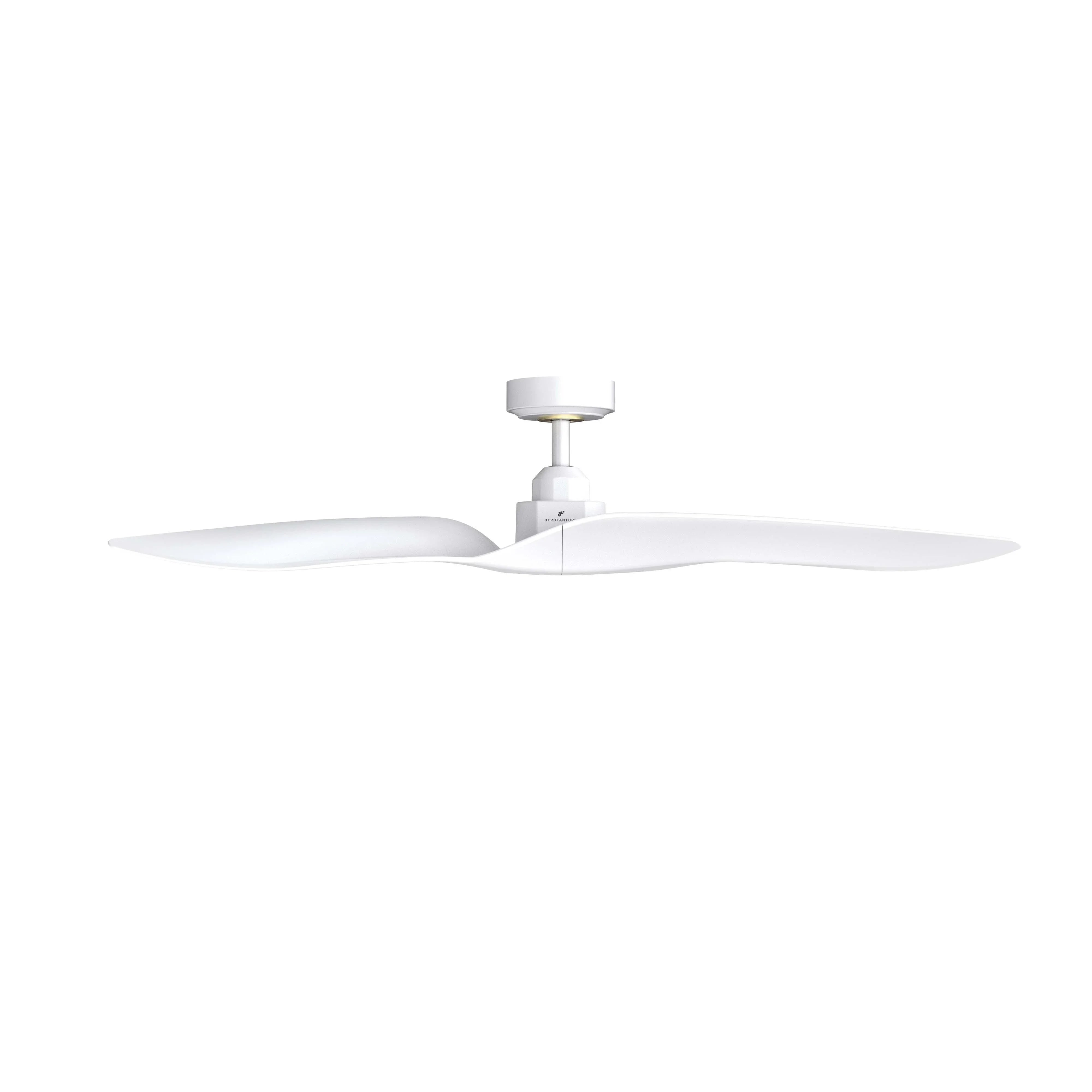 White ceiling fan with five blades and round motor base on downrod mount
