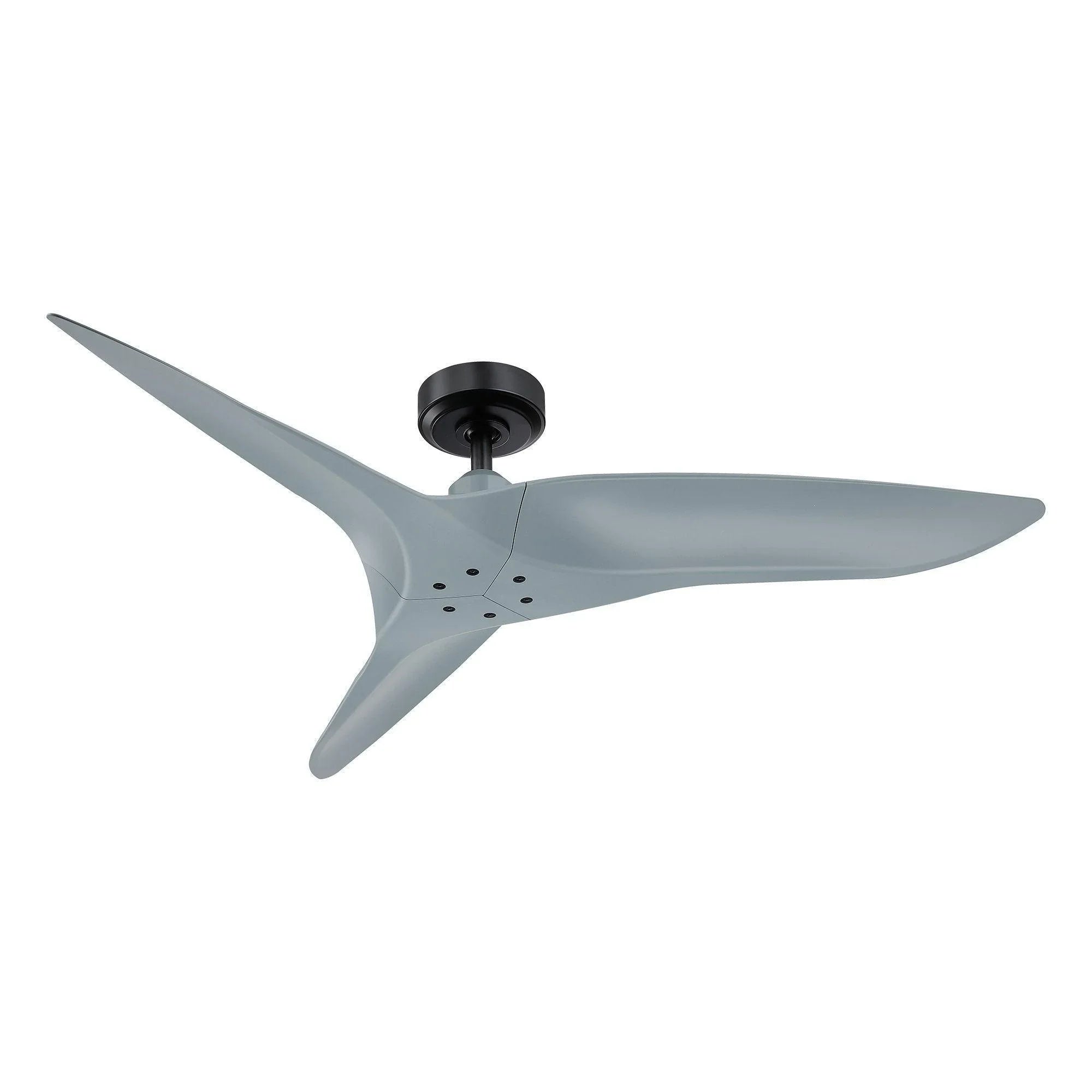 Silver ceiling fan with black motor mount, three blades and central hub
