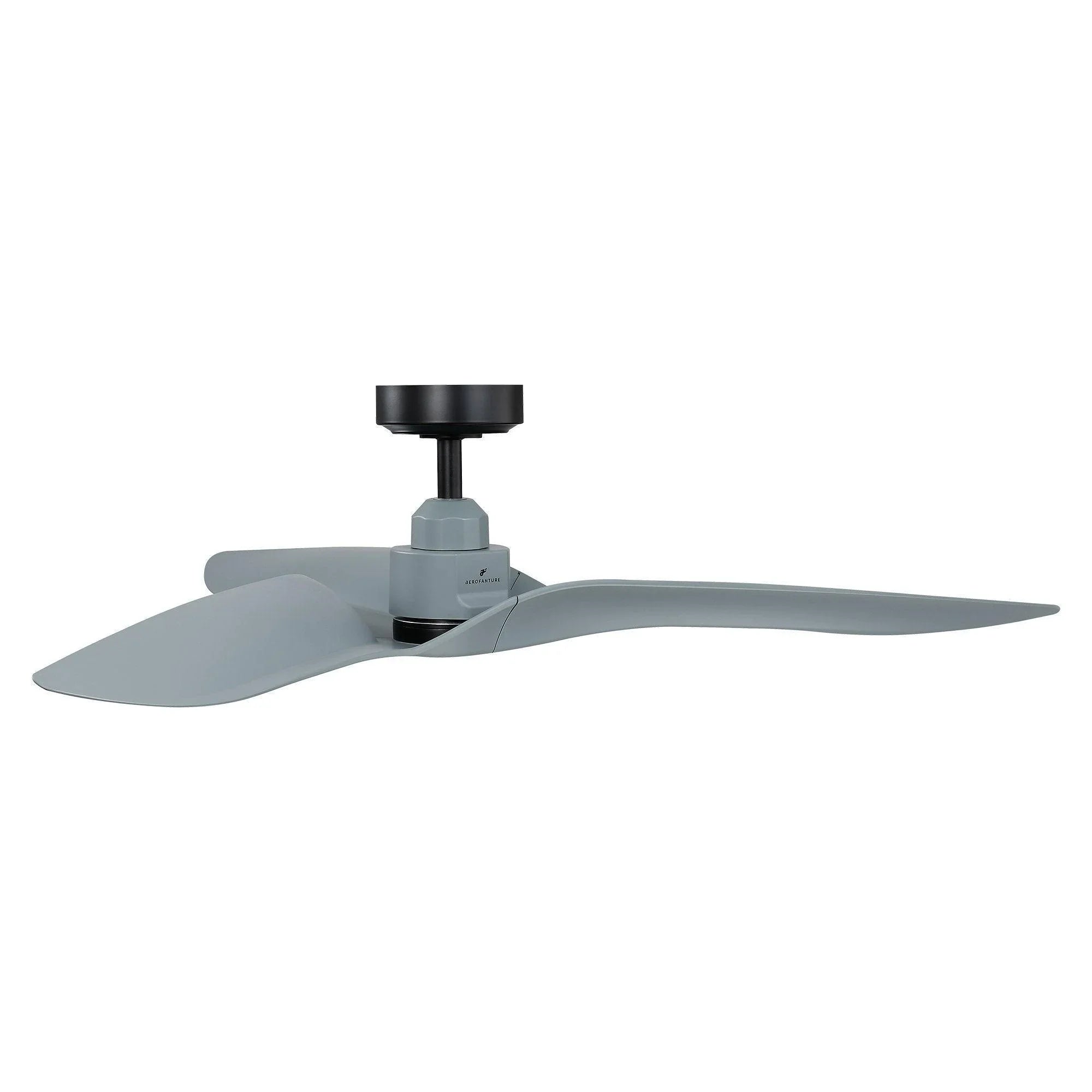 Silver ceiling fan with remote-style control base and black top mounting cover