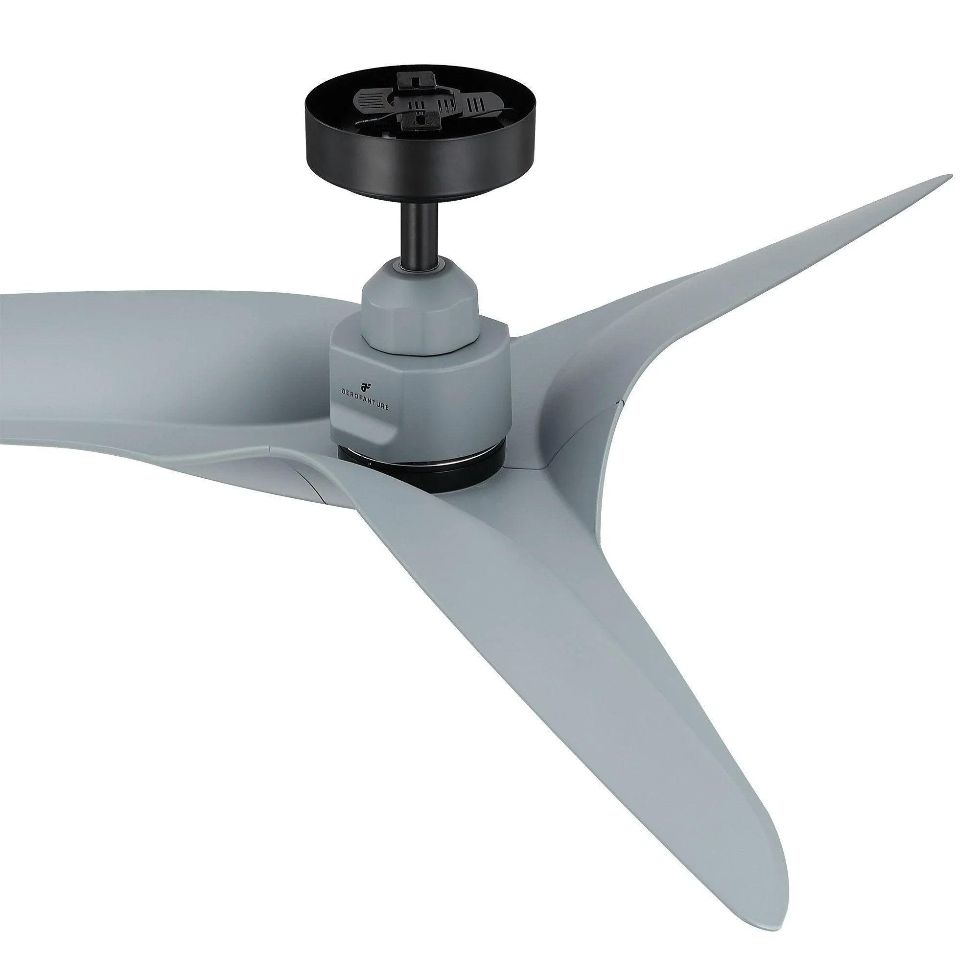Ceiling fan with DC motor and reversible blades, black housing with light gray blades