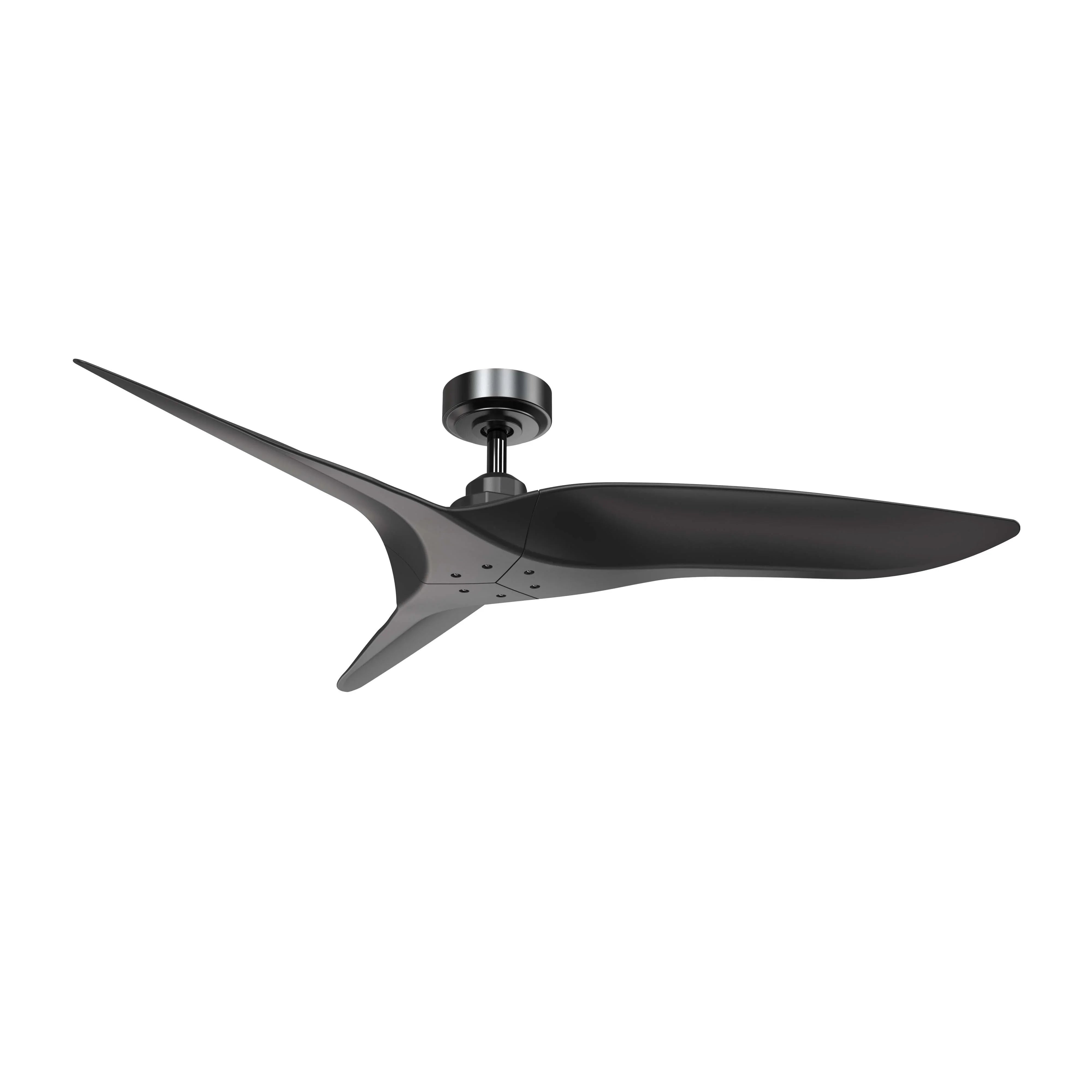 Black ceiling fan with five blades and motor housing on a ceiling mount