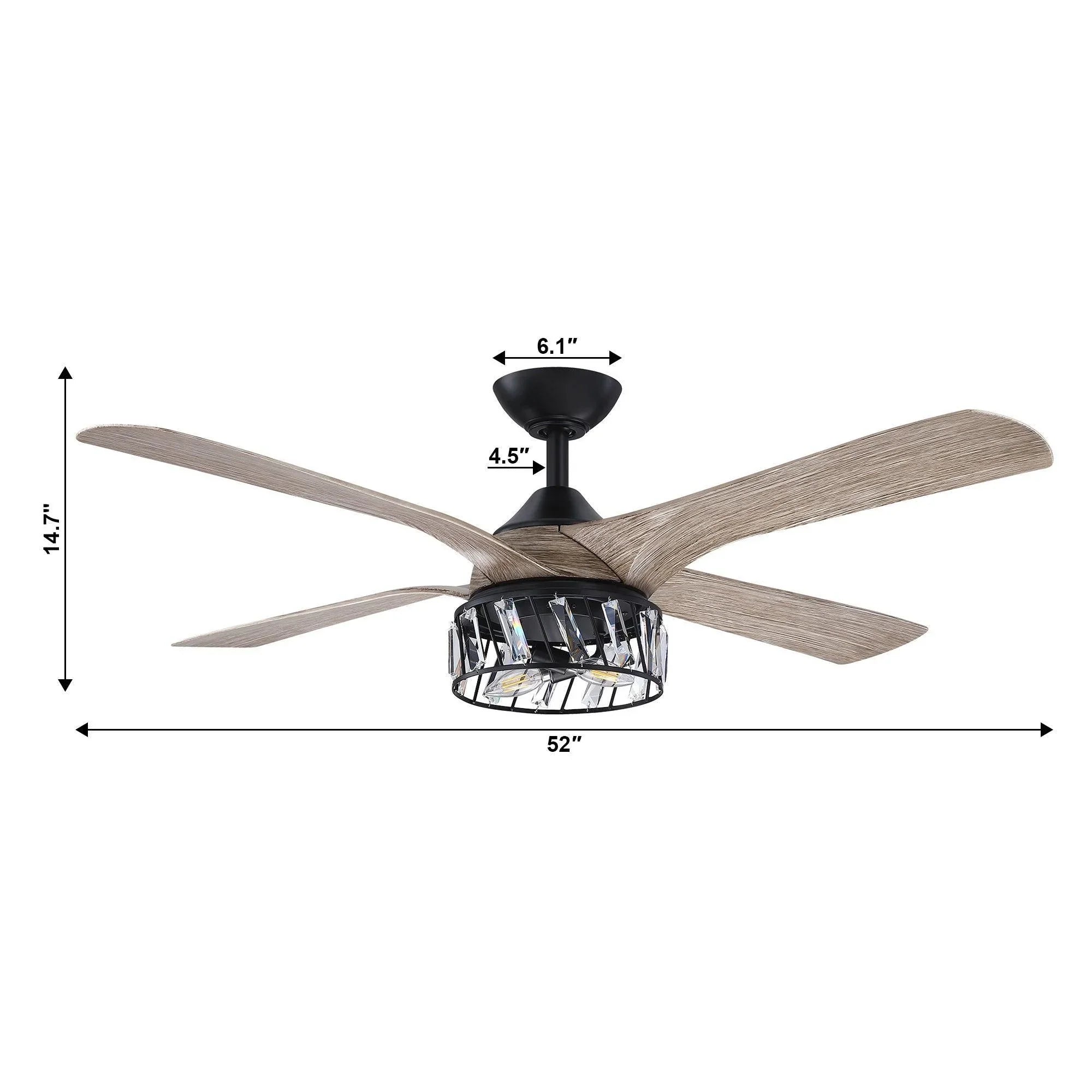 Black downrod ceiling fan with light wood five-blade design and crystal glass light