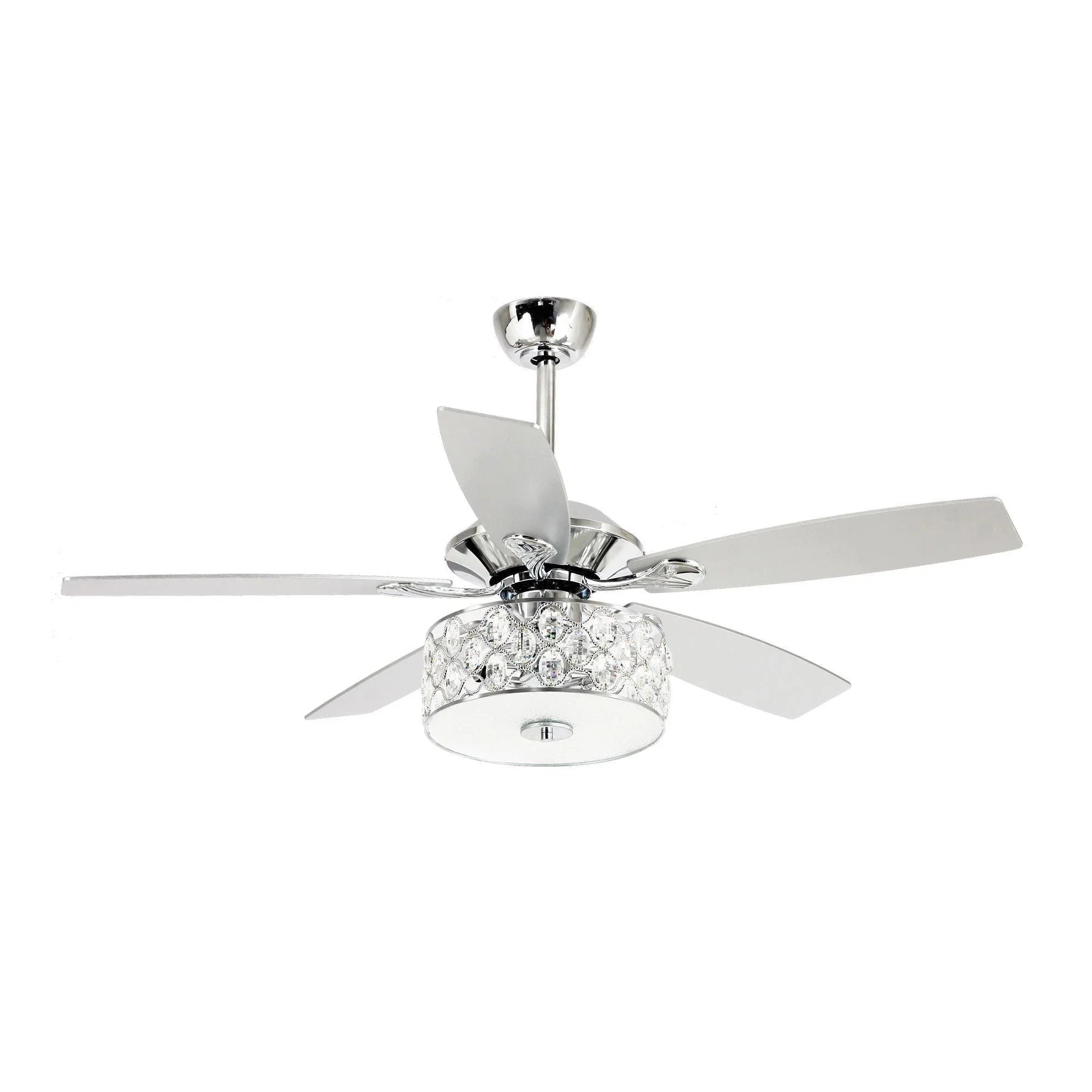 Chrome ceiling fan with crystal lamp light kit and silver blades, centered view