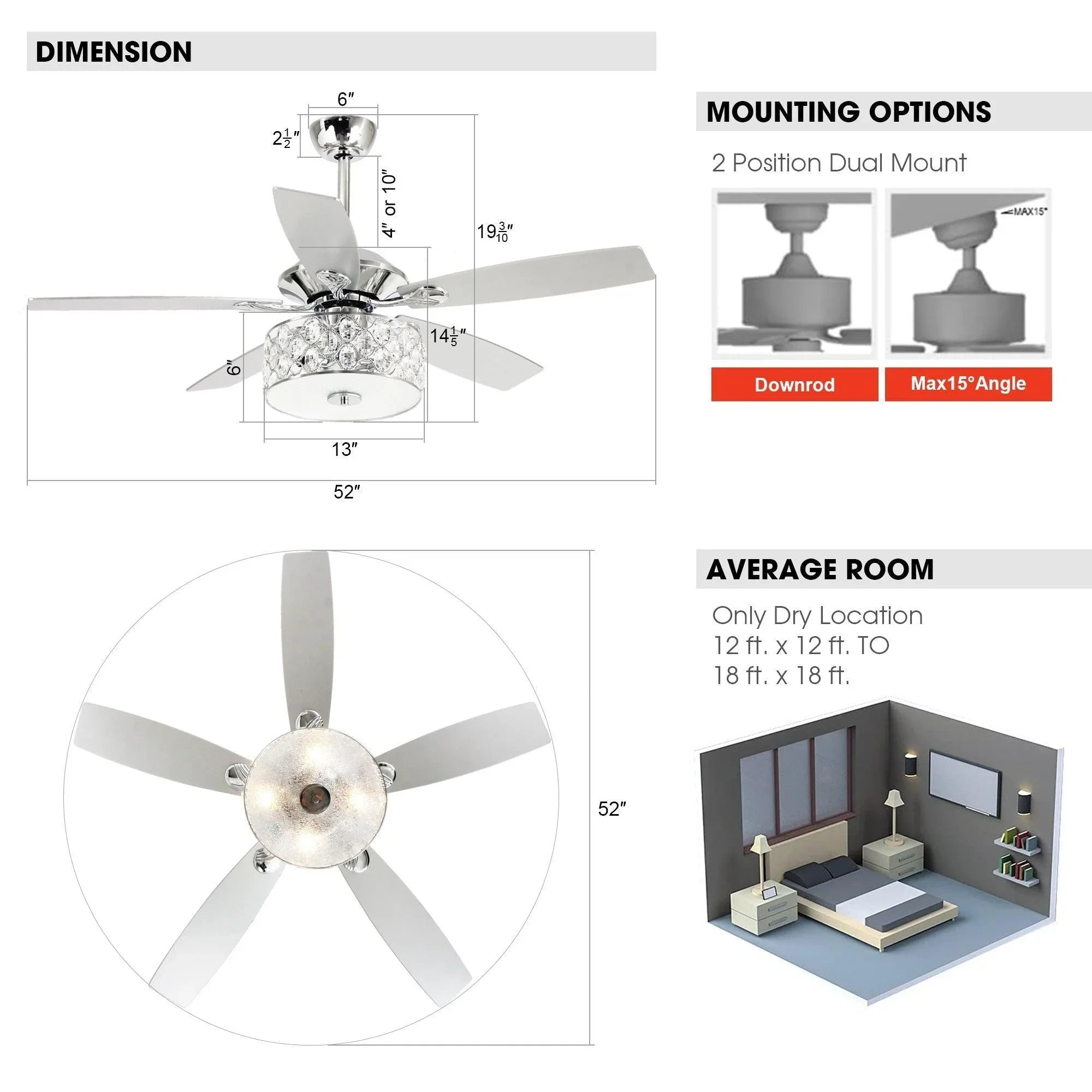 Ceiling fan with dark wood blades and sparkling crystal glass light fixture, 52-inch size
