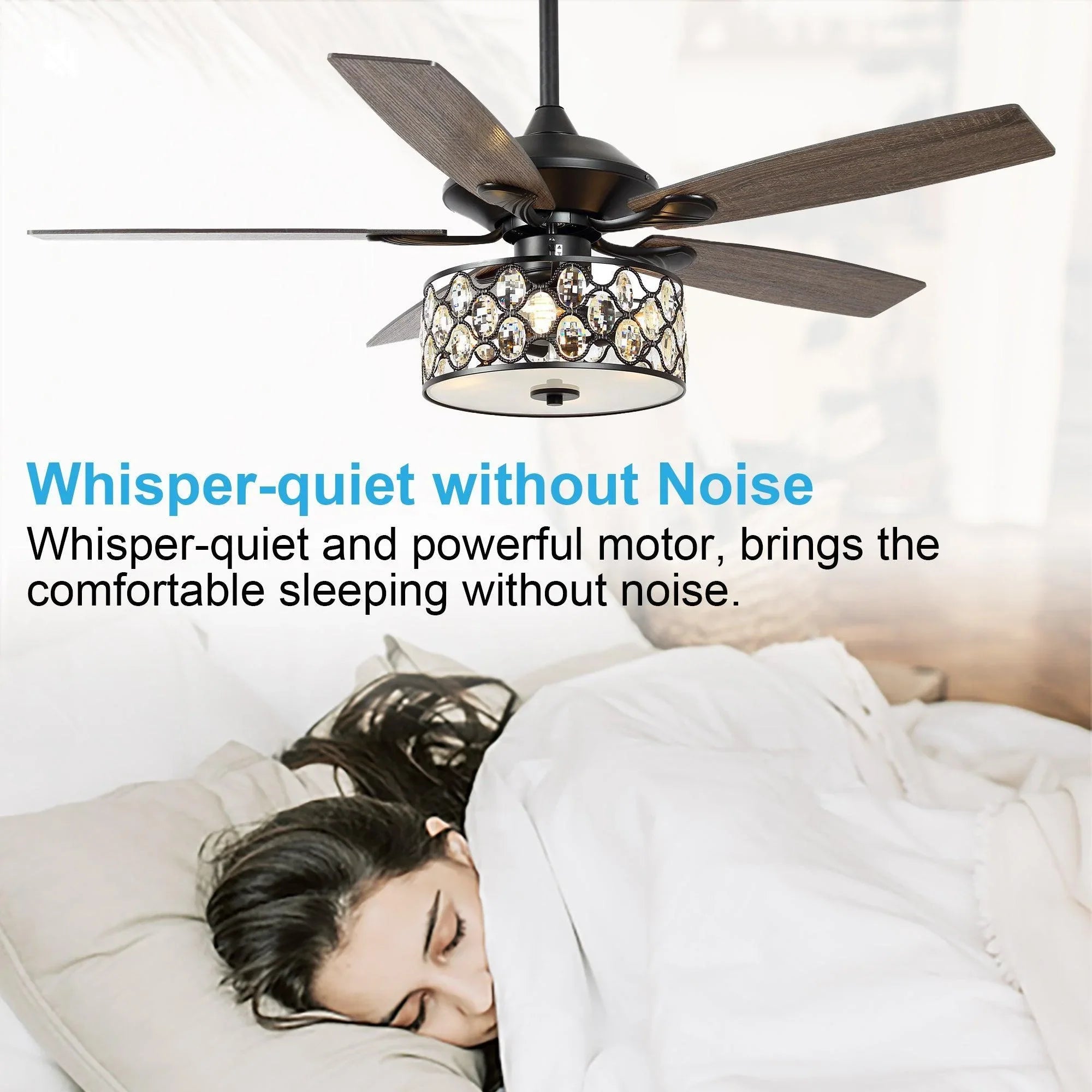 Ceiling fan with crystal glass light and dark wood blades, quiet operation styling