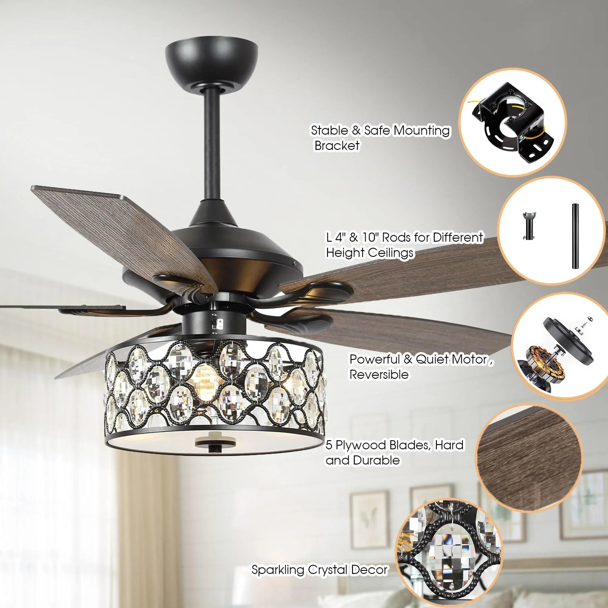 Ceiling fan with crystal glass light, dark blades, and mounting detail inset