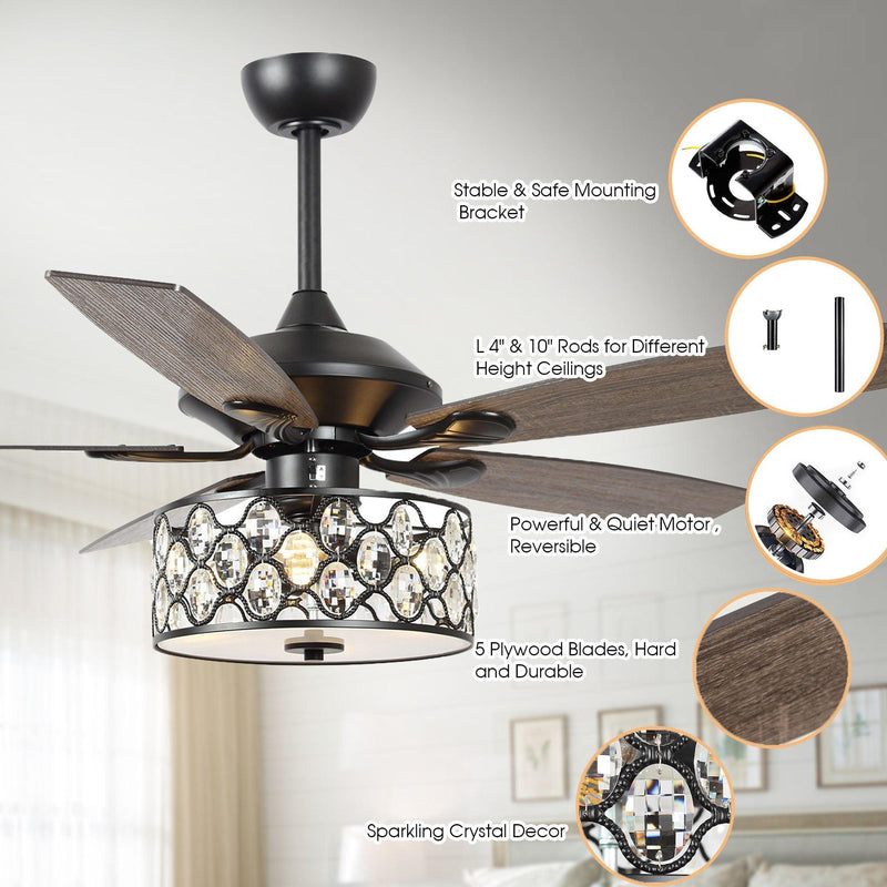Parrot Uncle 52-Inch Tibuh Modern Downrod Mount Reversible Crystal Ceiling Fan with Lighting and Remote Control