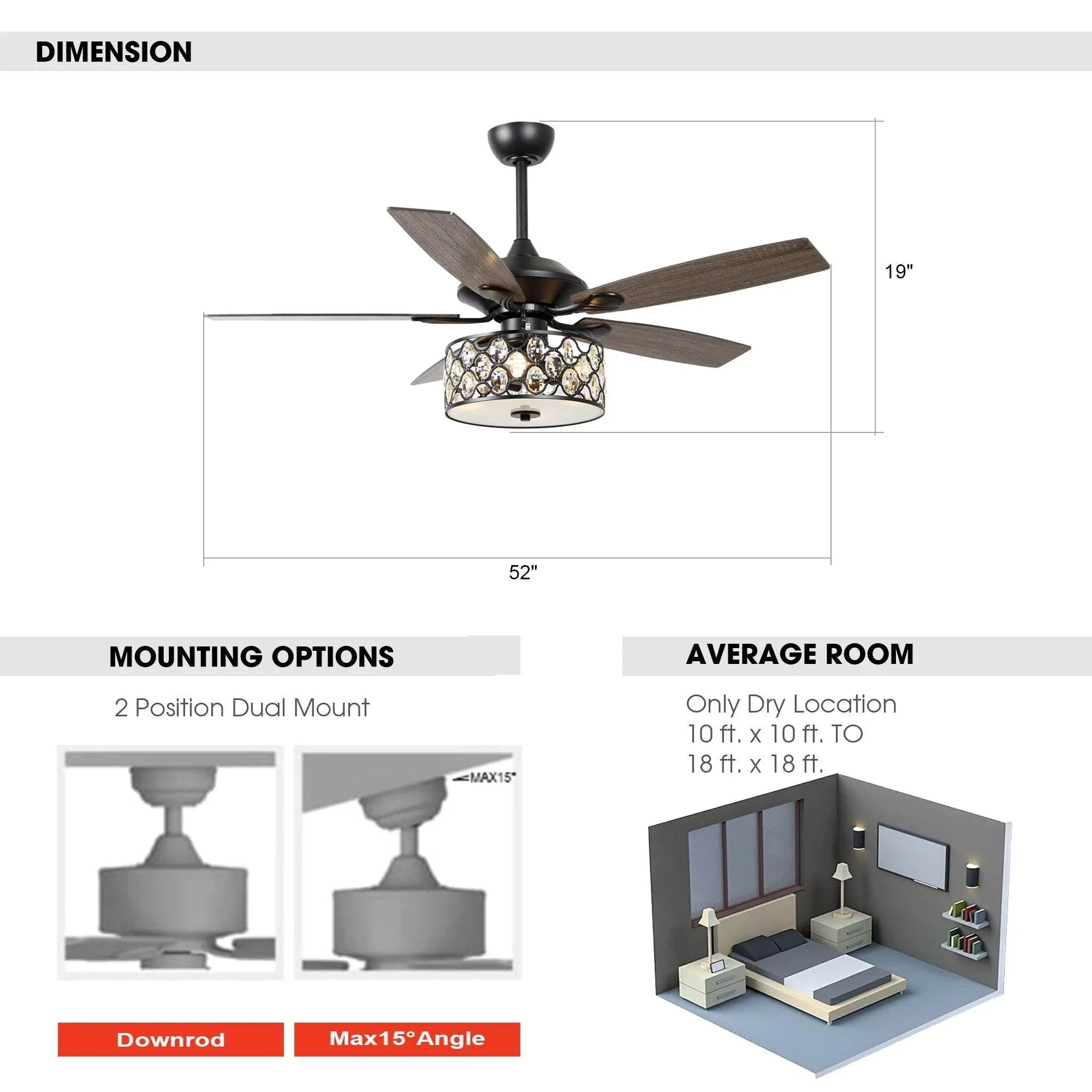 Ceiling fan with dark wood blades and crystal glass light with size and mounting views