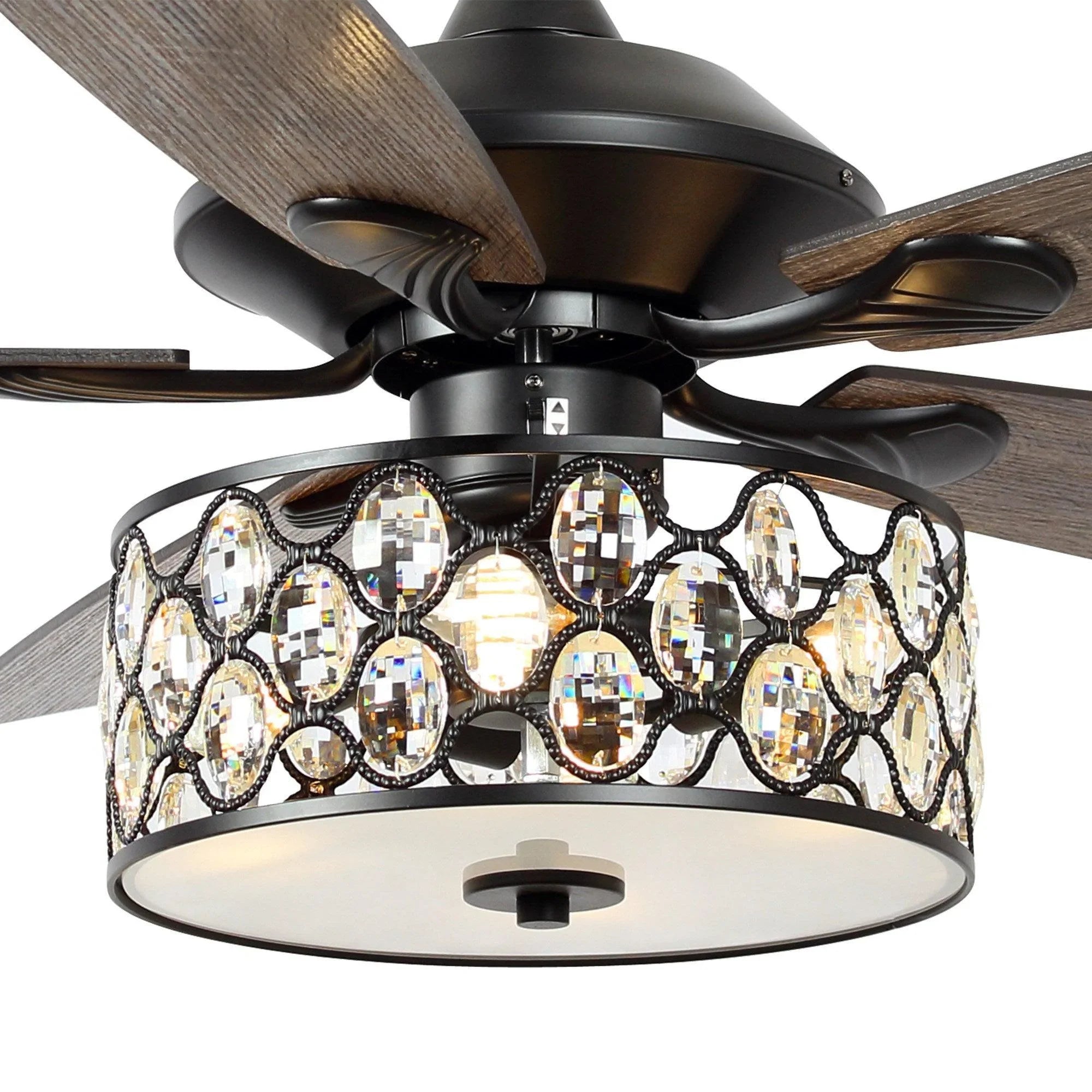 Black ceiling fan with crystal glass globe light and decorative dangling crystal loops