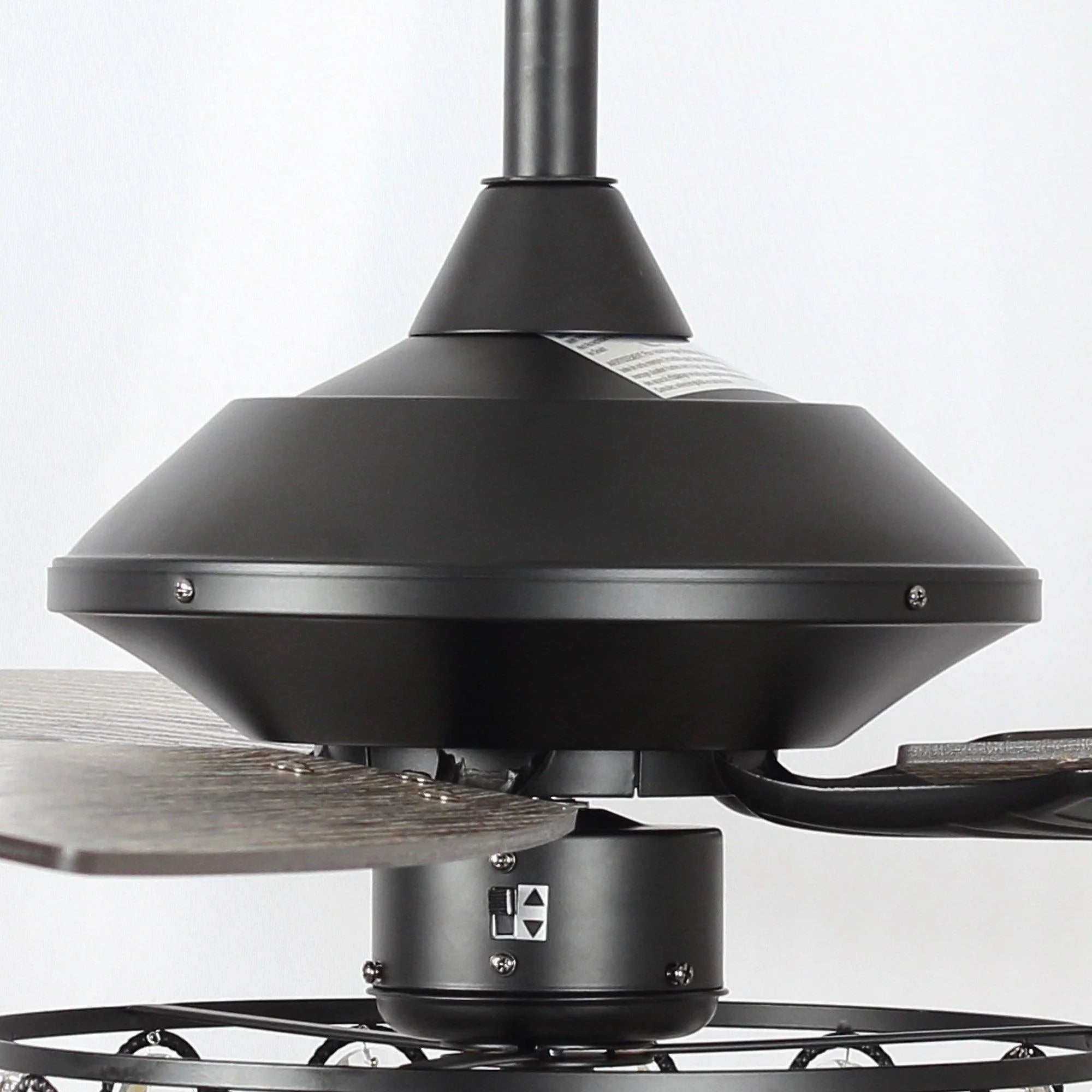 Black downrod ceiling fan head with mounting bracket and base plate