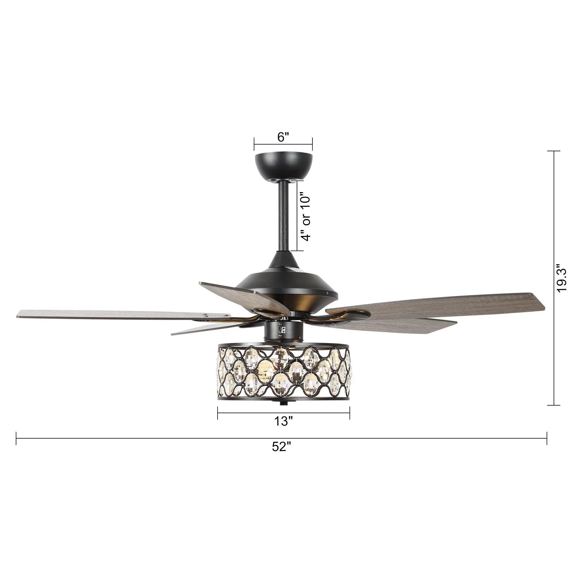 Black 52-inch ceiling fan with crystal glass light; size diagram with 13-inch height