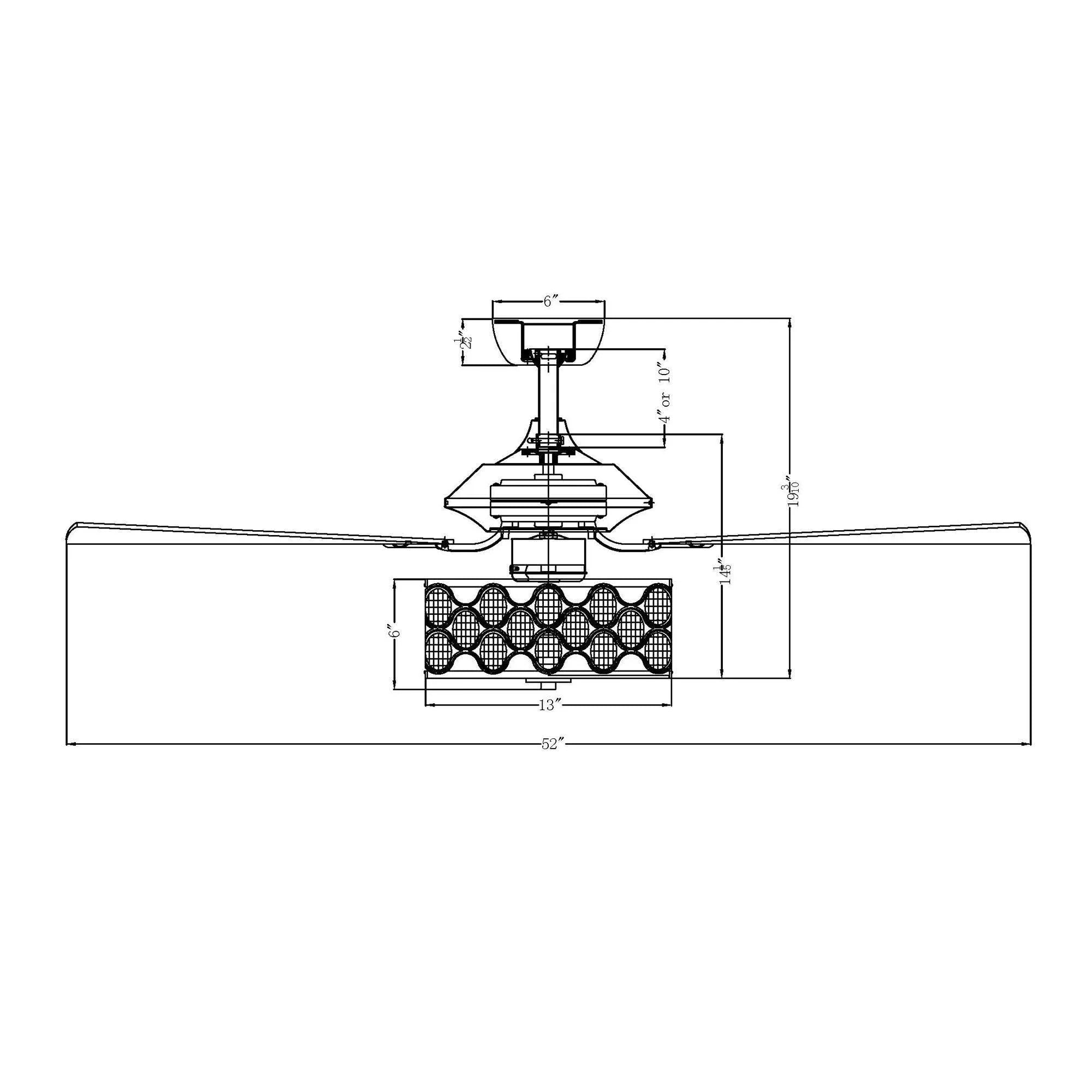 Ceiling fan side-view diagram with crystal light and blade measurements