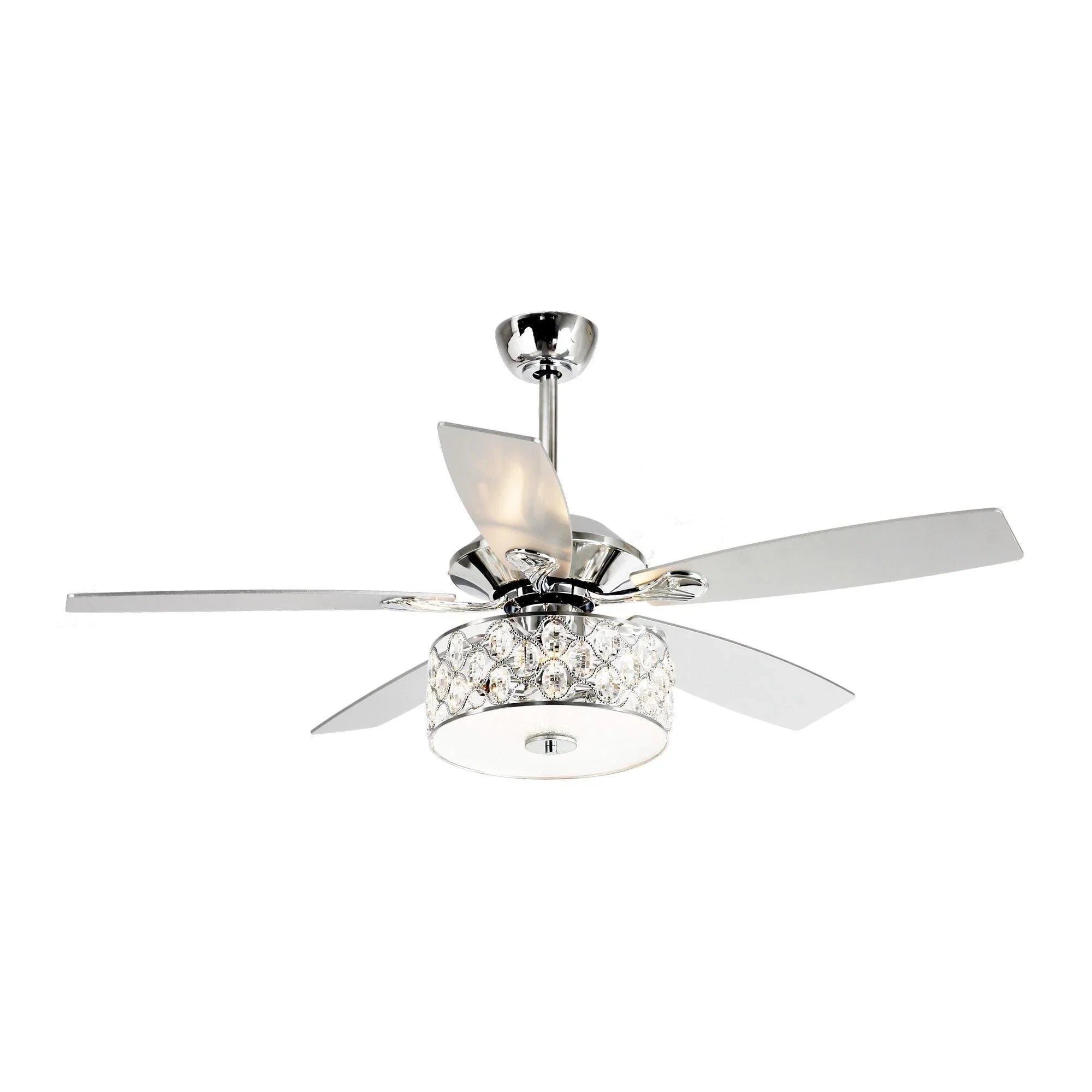 Chrome ceiling fan with five silver blades and crystal lamp-style light kit