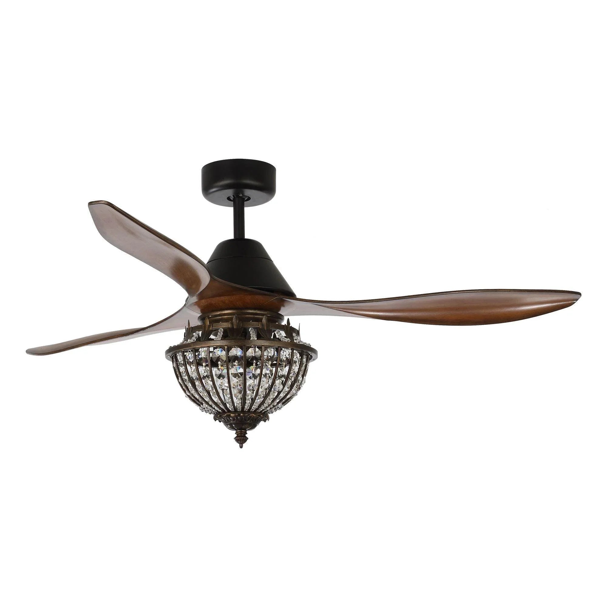 Black ceiling fan with brown reversible blades and crystal-style glass light fixture