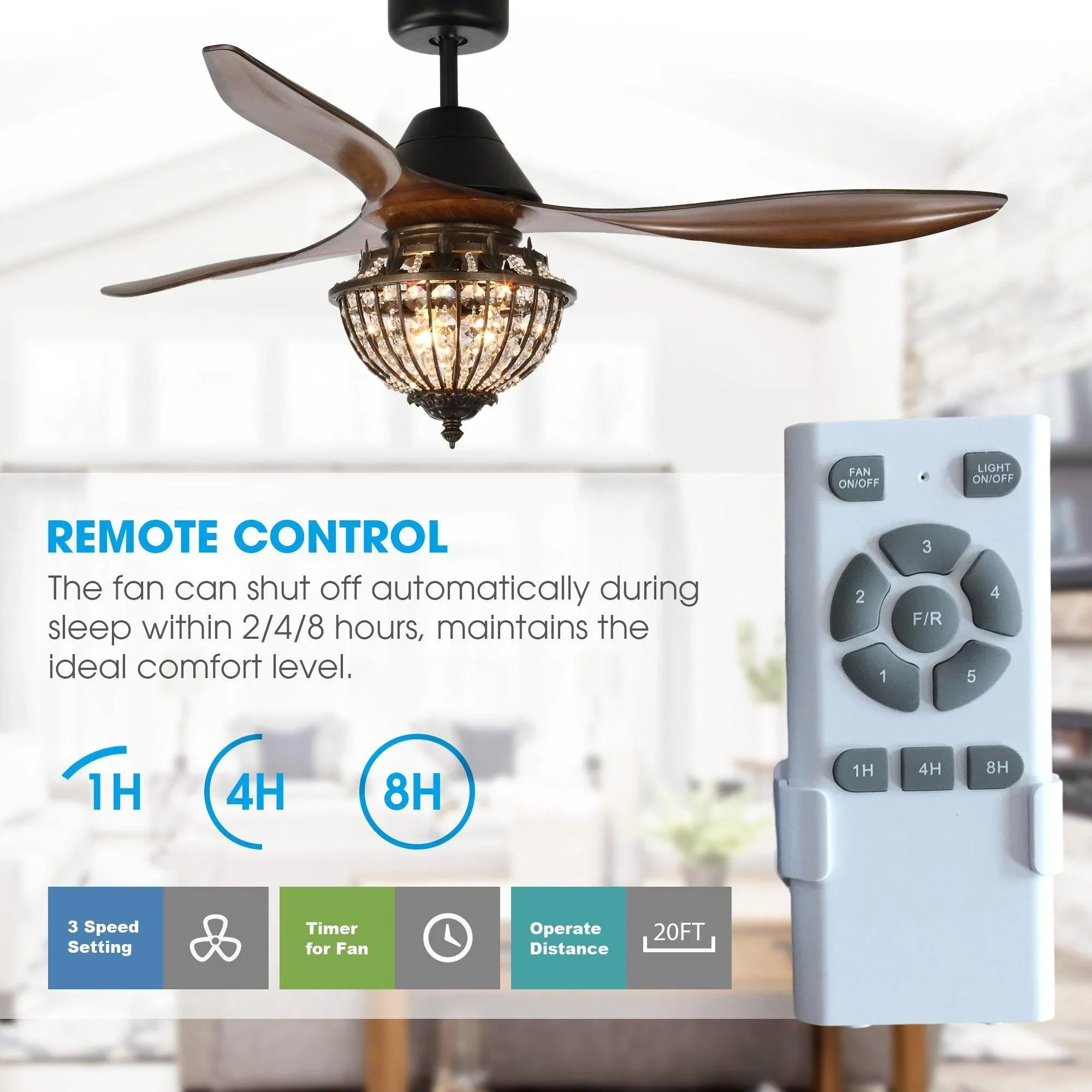 Black ceiling fan with crystal glass light and included handheld remote control