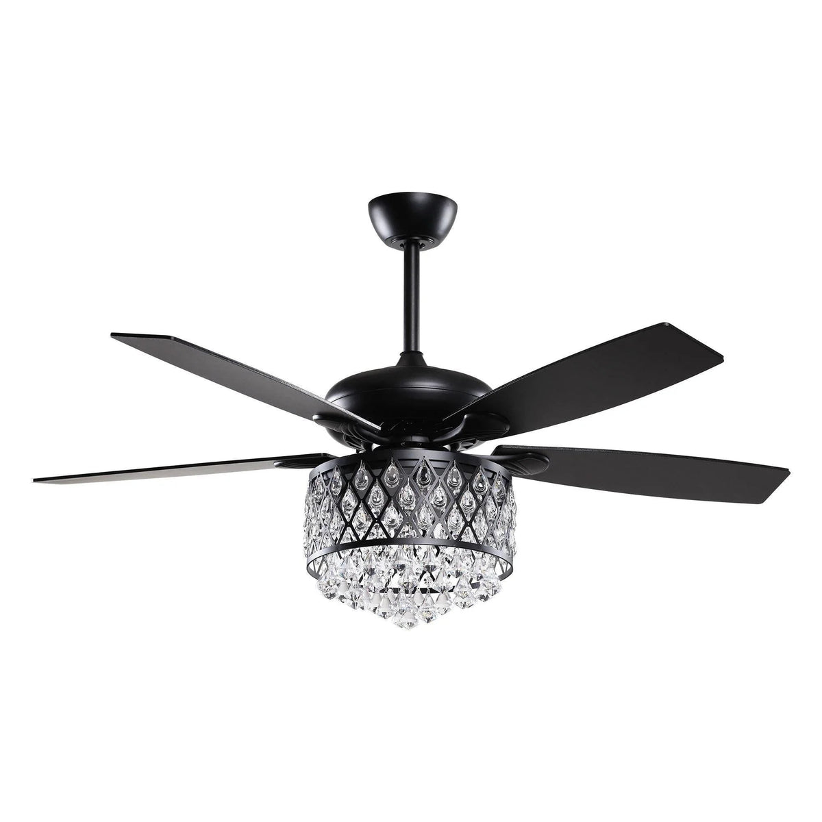 Black crystal ceiling fan with chandelier-style glass light and five blades