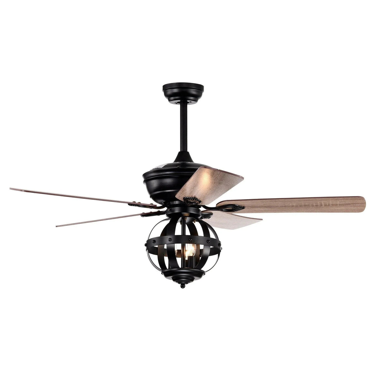 Black industrial ceiling fan with frosted light fixture and wood-toned reversible blades