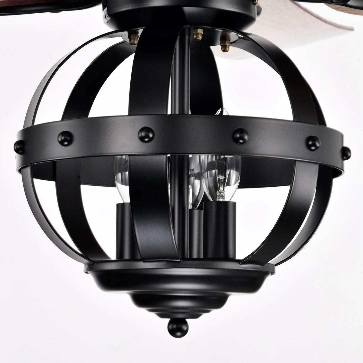 Black lantern-style ceiling fan light with curved metal guard and clear bulb