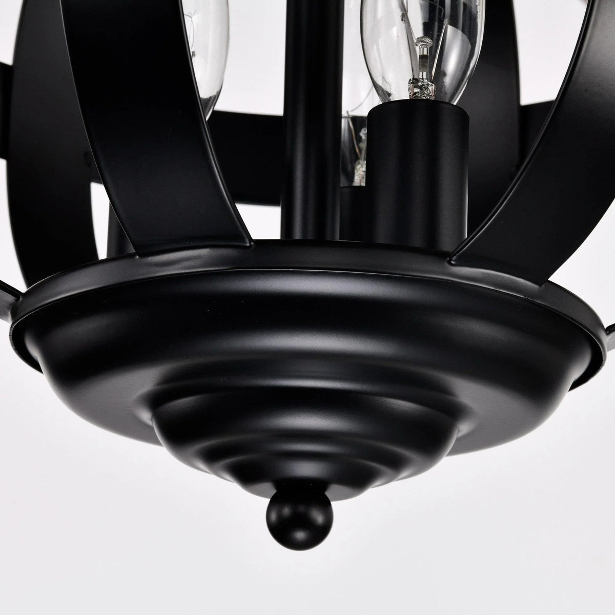Black ceiling fan with light bowl and curved metal arms under the housing