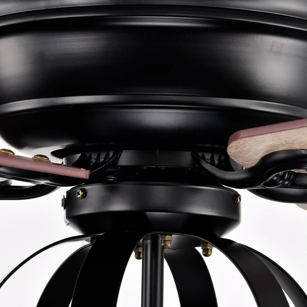 Black ceiling fan motor base with exposed light housing and wood-toned blade edge