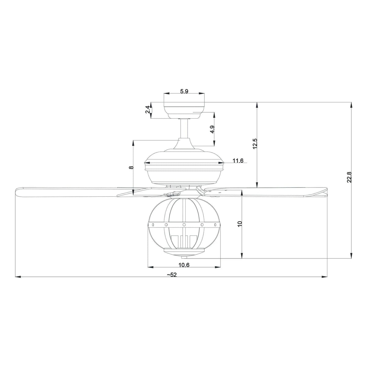 Ceiling fan dimensions diagram showing black downrod mount and light housing