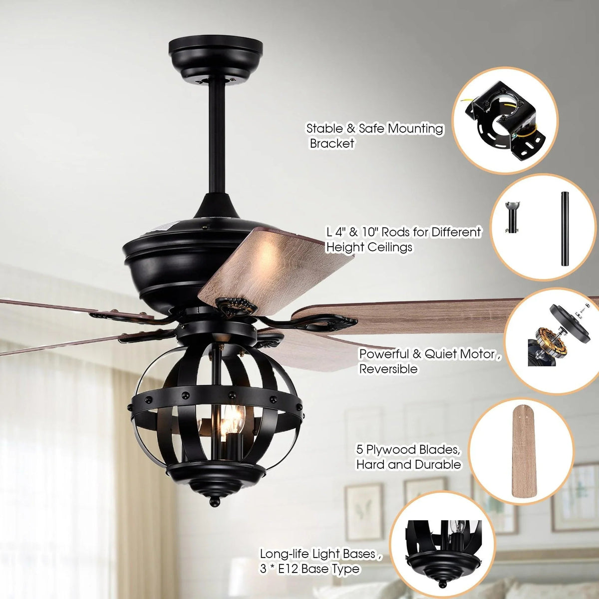 Black ceiling fan with light fixture, wood blades, and reversible motor