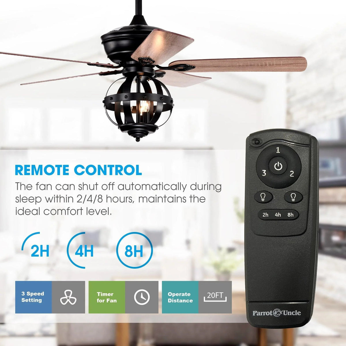 Black ceiling fan with light kit and handheld remote control