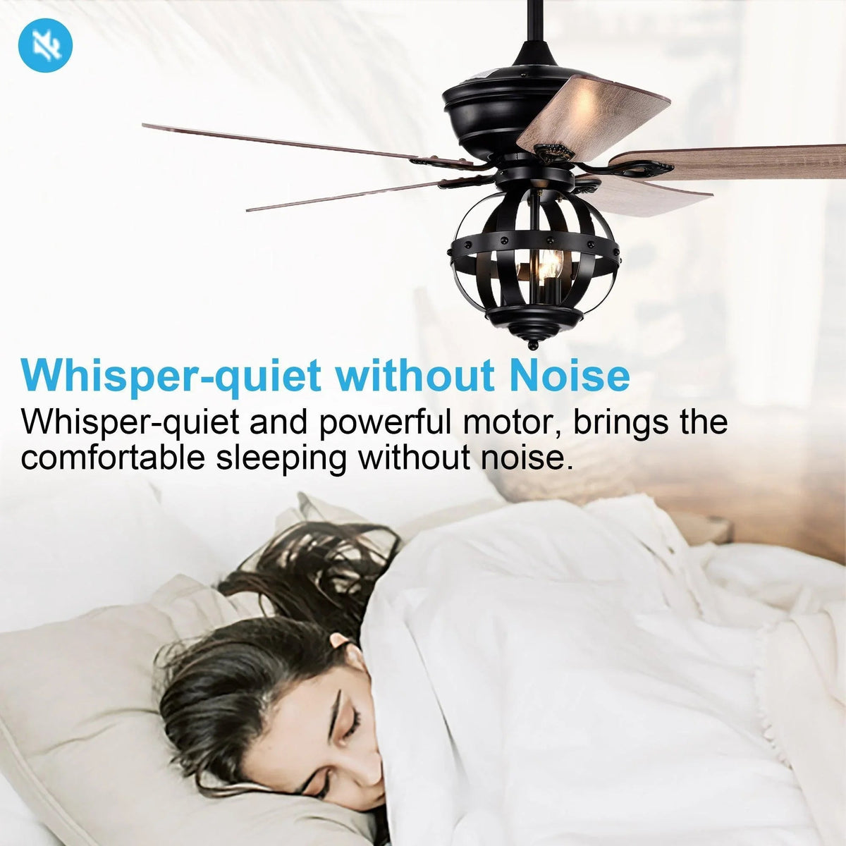 Black ceiling fan with light fixture and wood blades over a bed