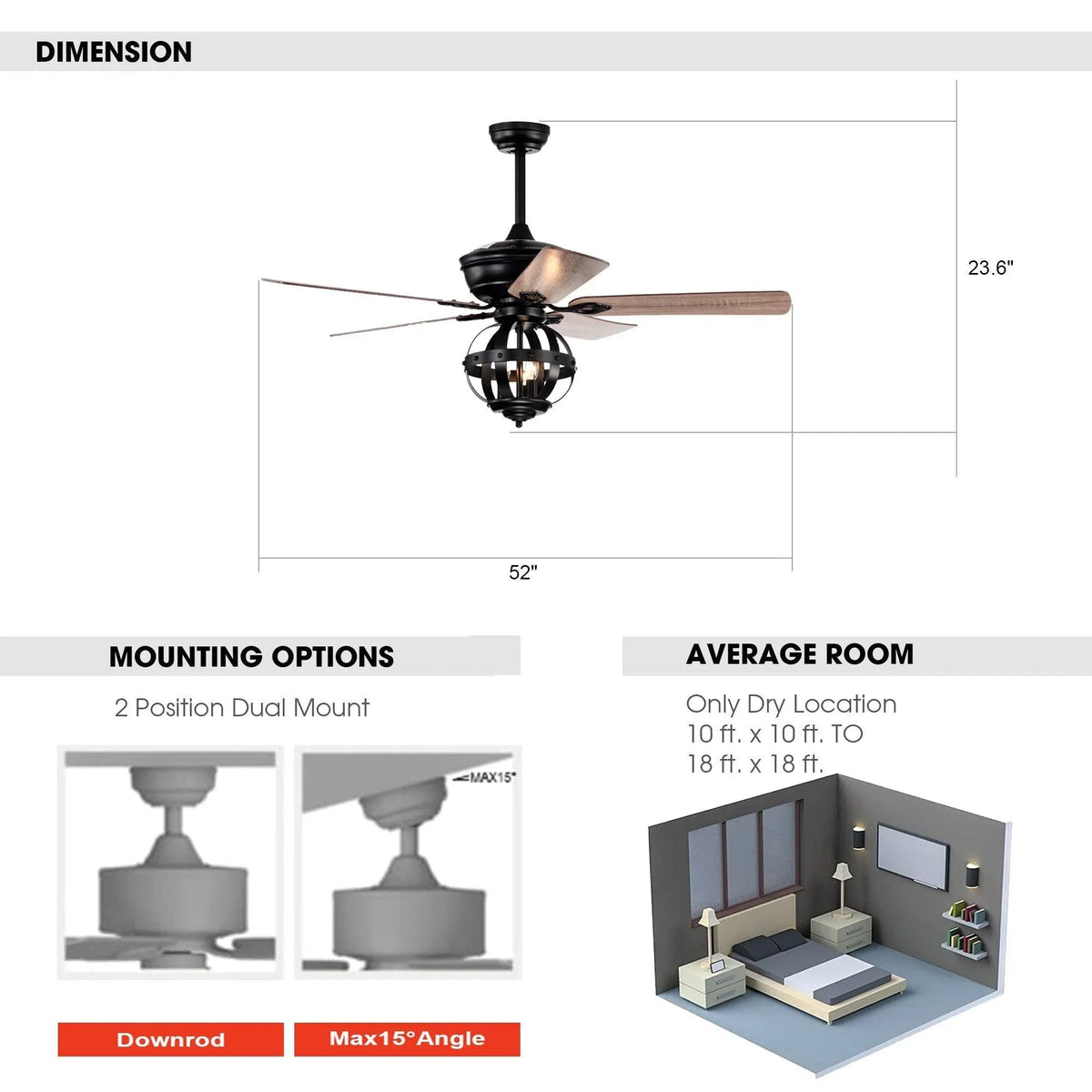 Black ceiling fan dimension chart with 52 in blade span and mounting options