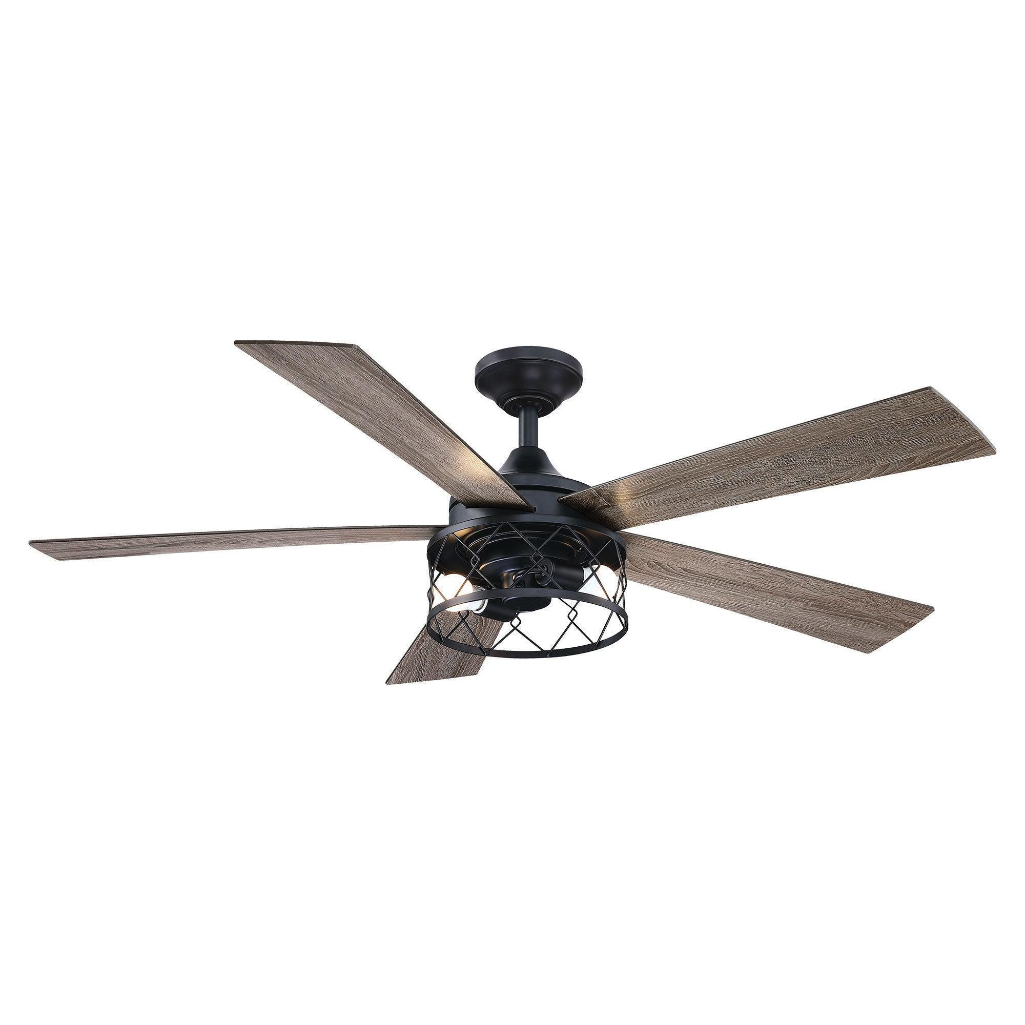 Reversible wood-blade ceiling fan with black canopy and lantern light on white