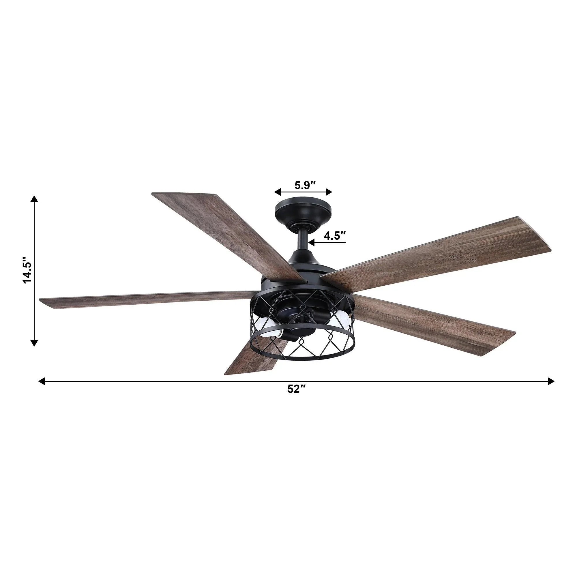 52-inch black ceiling fan with five reversible blades and lantern light, height shown
