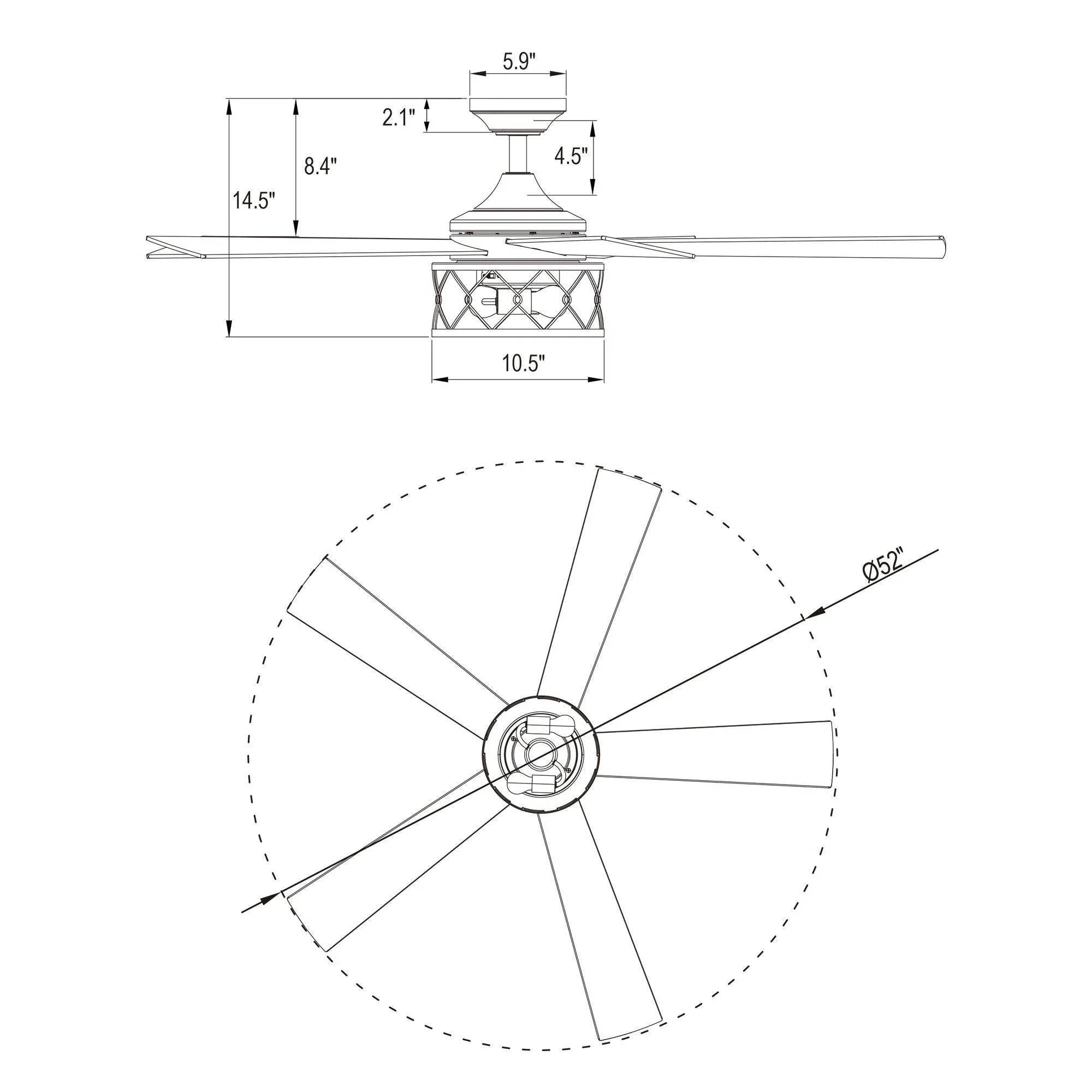 Ceiling fan dimension diagram, 52-inch reversible blade layout with light housing