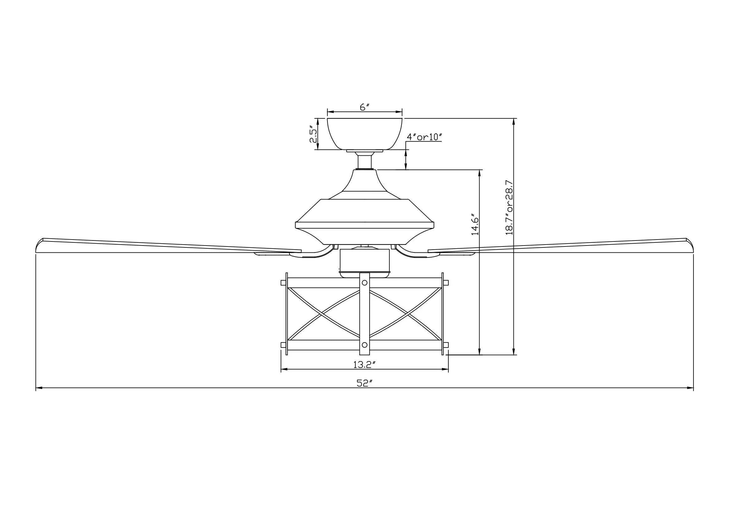 Ceiling fan dimension diagram showing 52-inch overall size