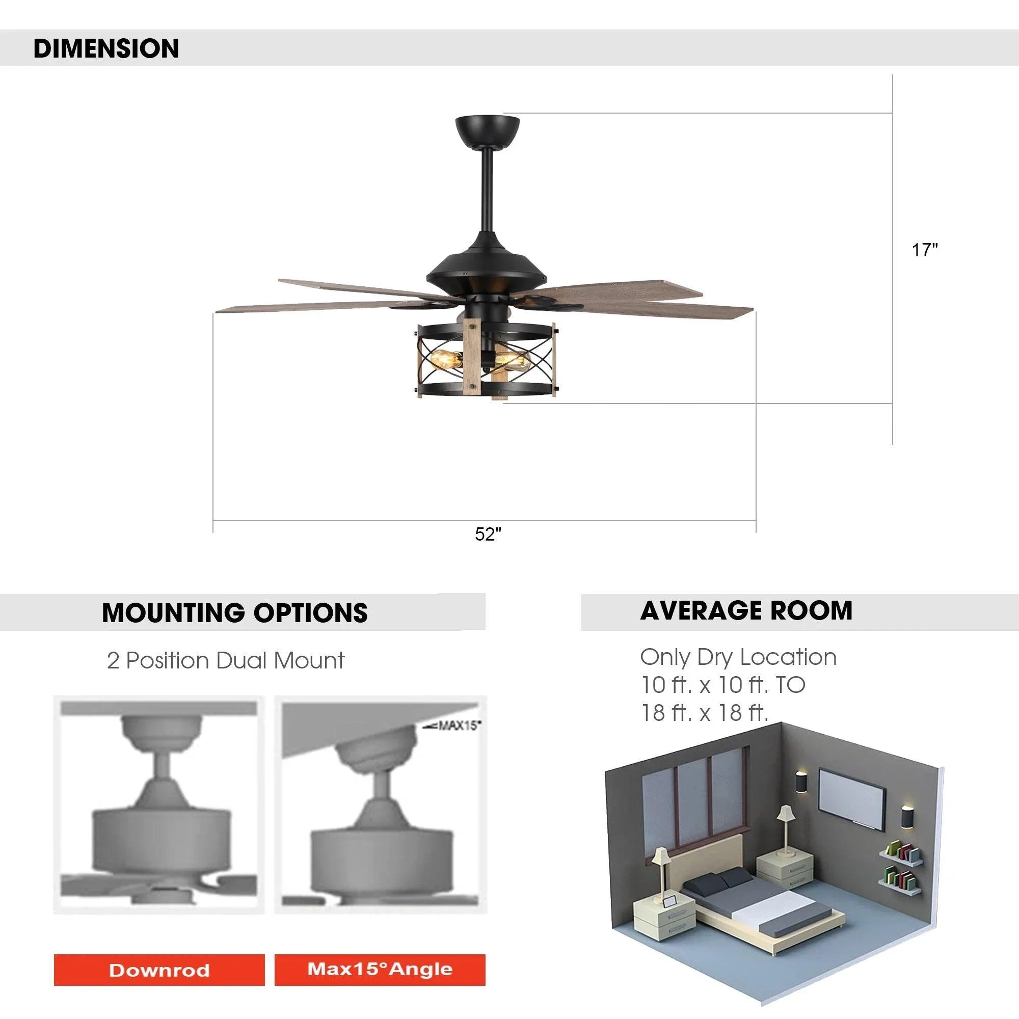 Ceiling fan size and mounting options diagram with downrod and angled mount