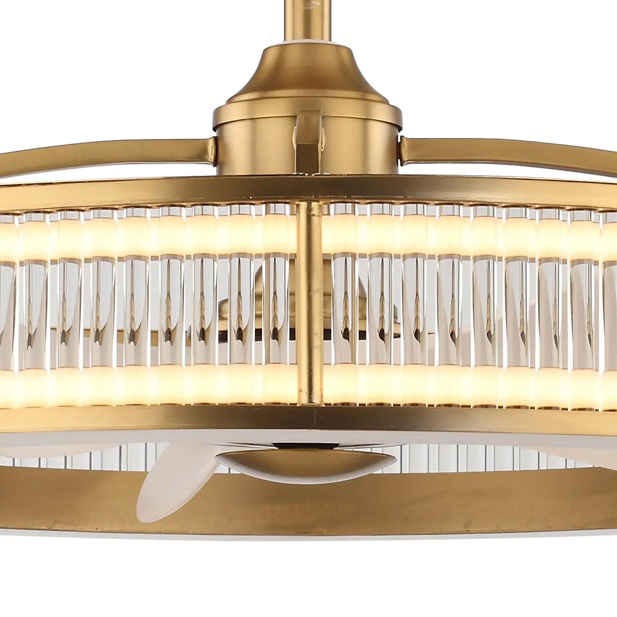 Golden ceiling fan chandelier close-up with vertical frosted glass panels and central hub