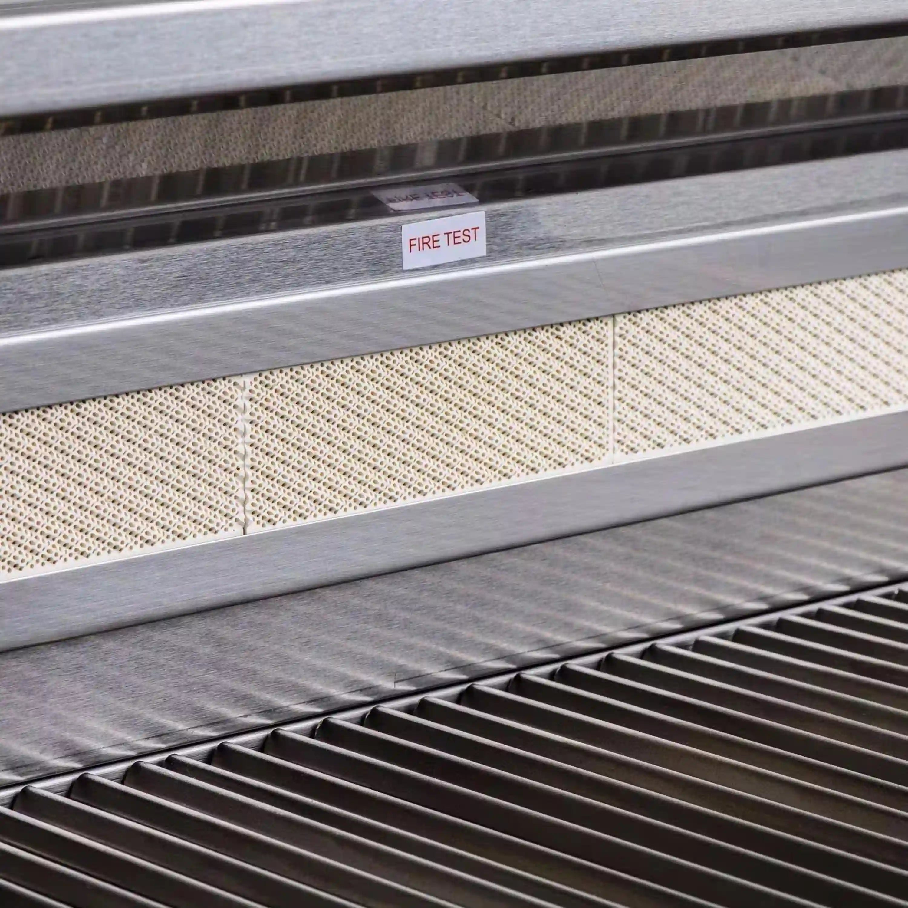 Stainless steel grill rail with small fire test label